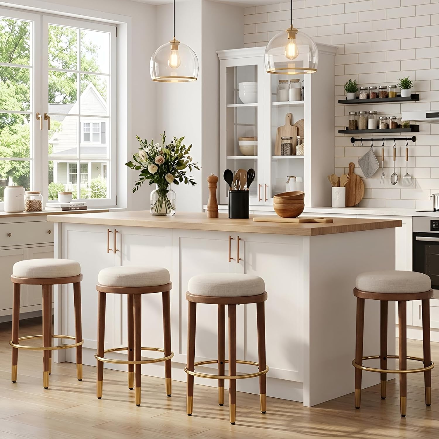 26" Beige Linen Round Farmhouse Bar Stools Set of 2
