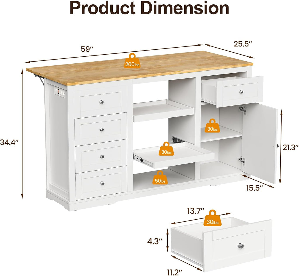 59" White Rubberwood Kitchen Island With Drop Leaf