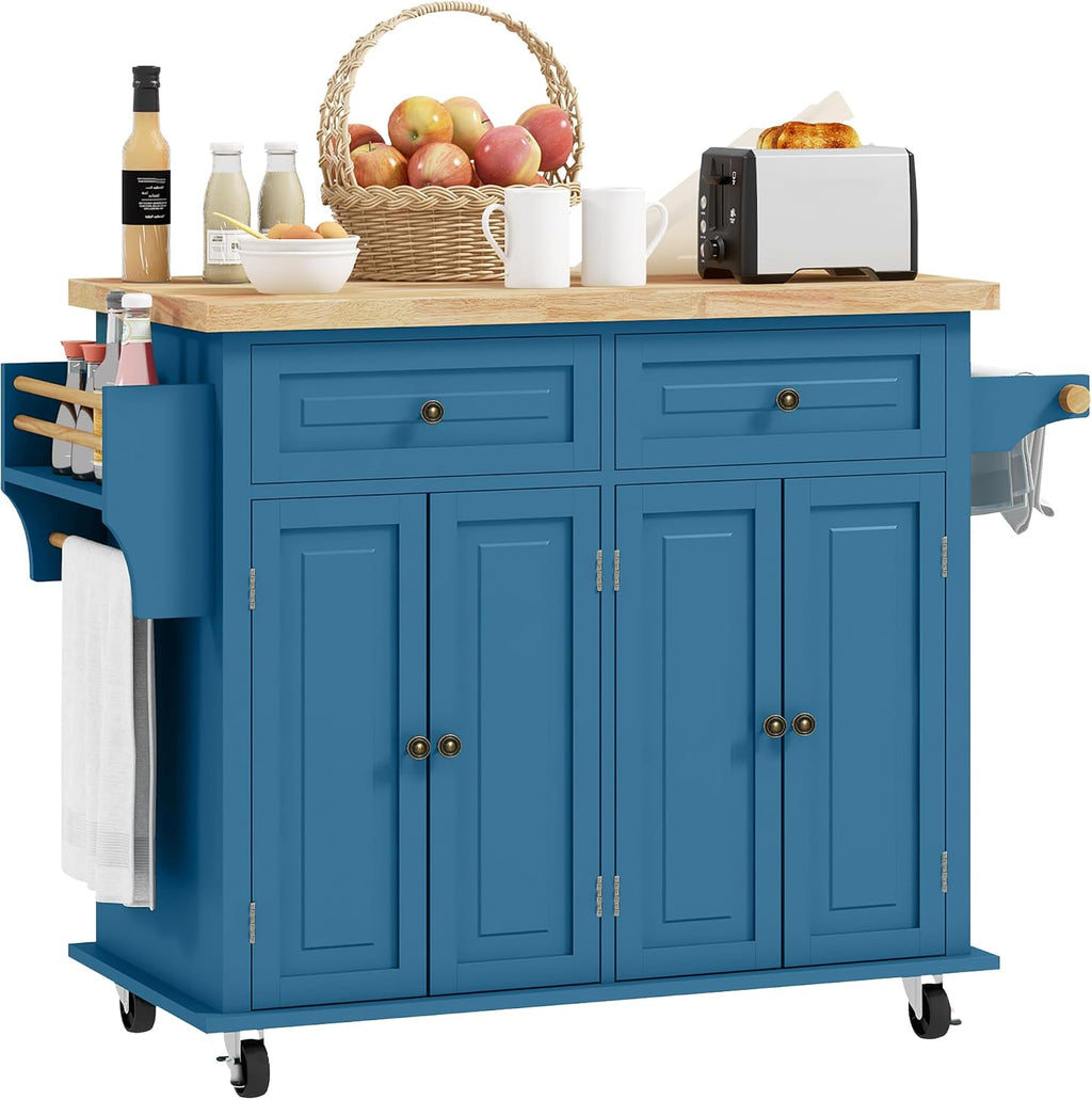 44" Turquoise Rolling Wood Top Kitchen Island Cart