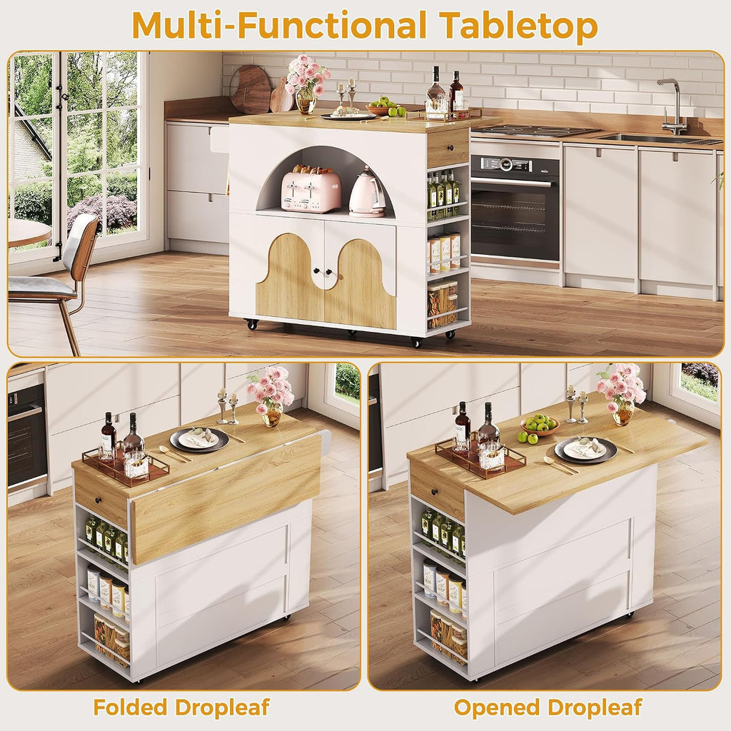 41.3" White Natural Kitchen Island With Drop Leaf