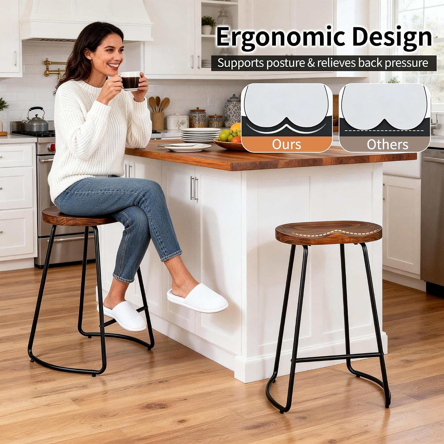 30" Walnut Saddle Seat Metal Leg Bar Stools Set of 4