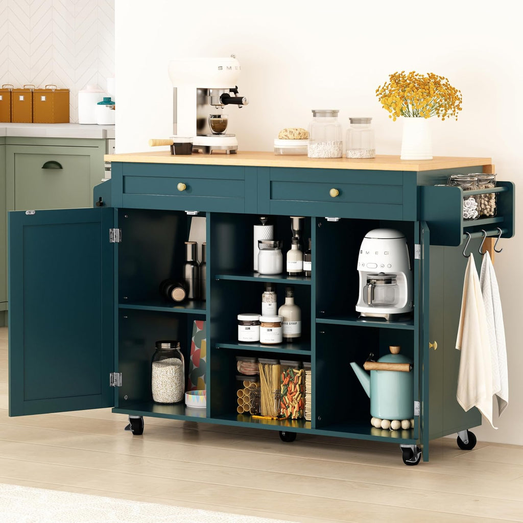 Dark Green Rolling Barn Door Kitchen Island Cart