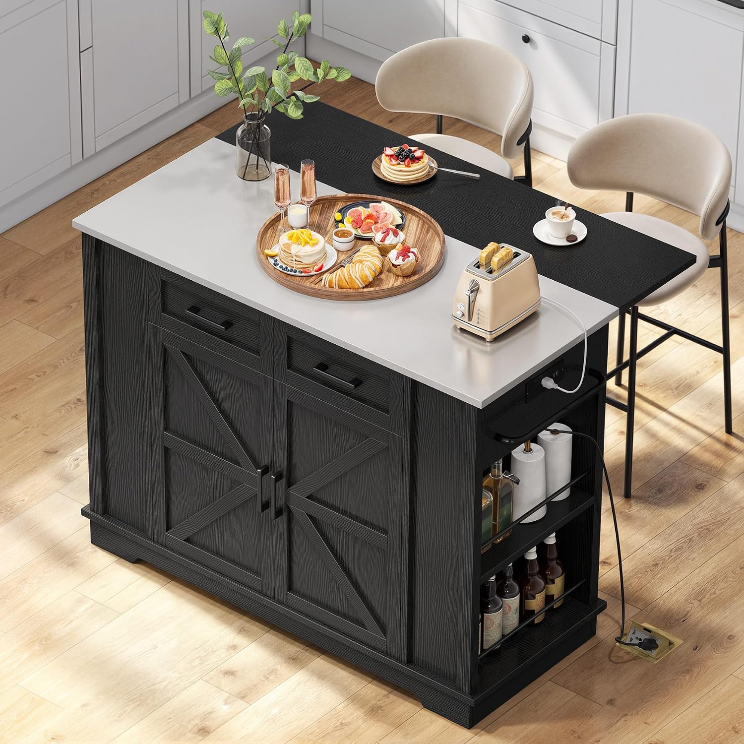47" Black Rolling Kitchen Island with Drop Leaf