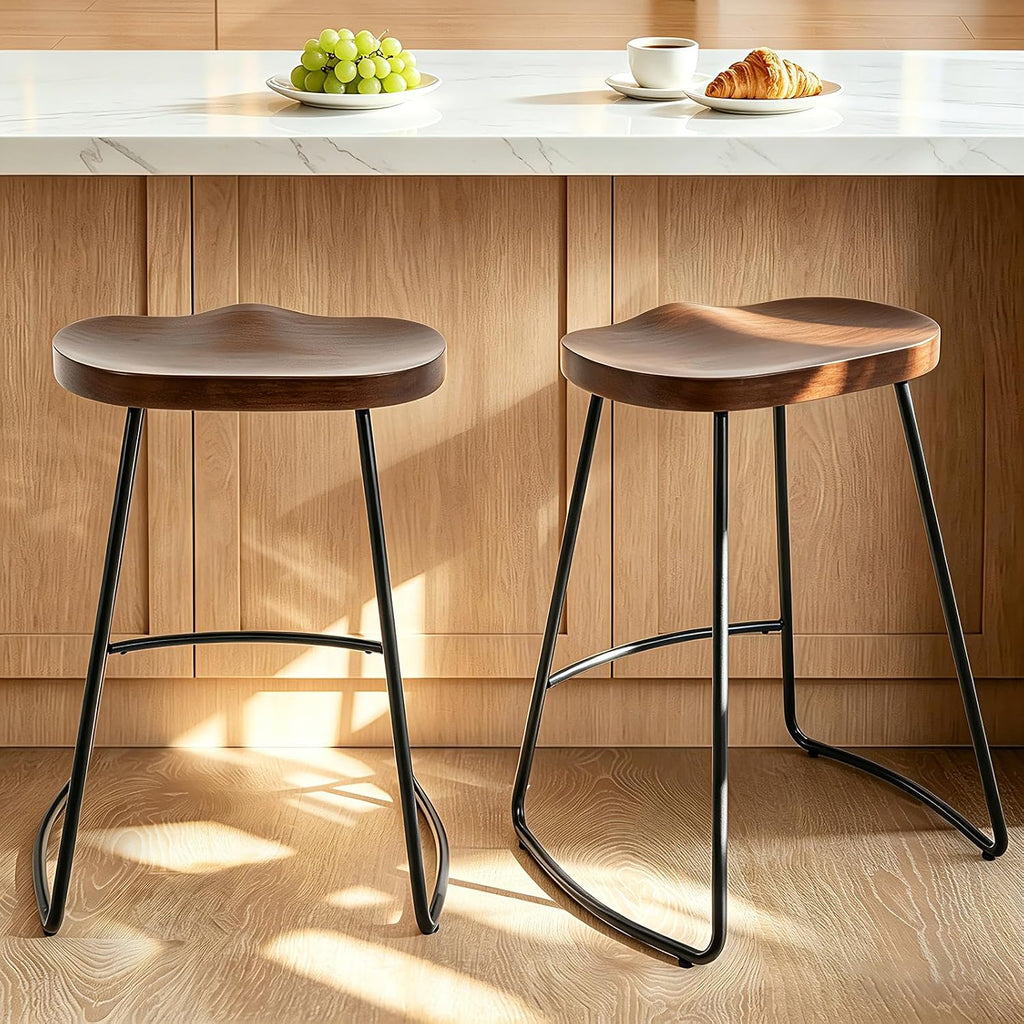 24" Walnut Saddle Seat Metal Base Bar Stools Set of 2