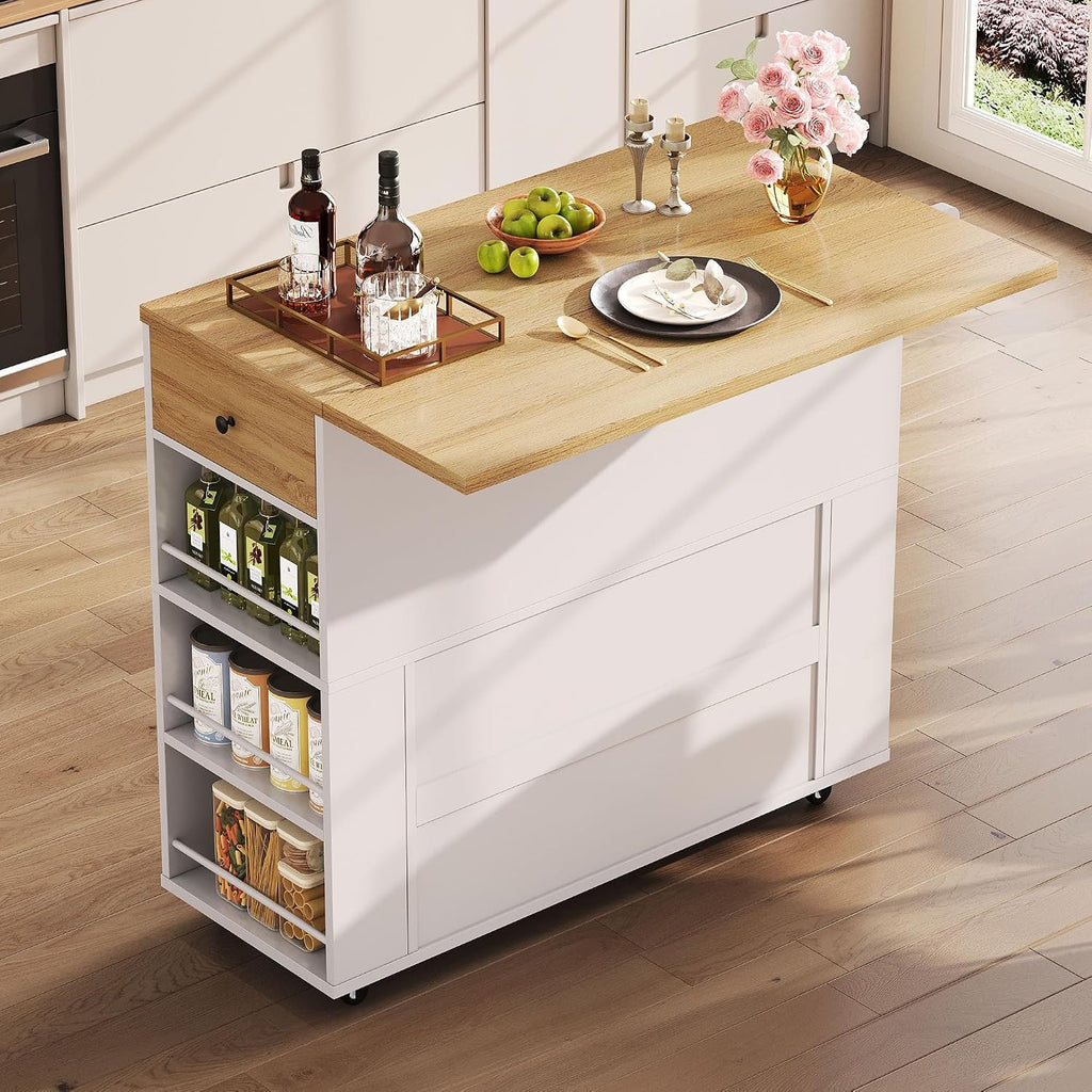 41.3" White Natural Kitchen Island With Drop Leaf