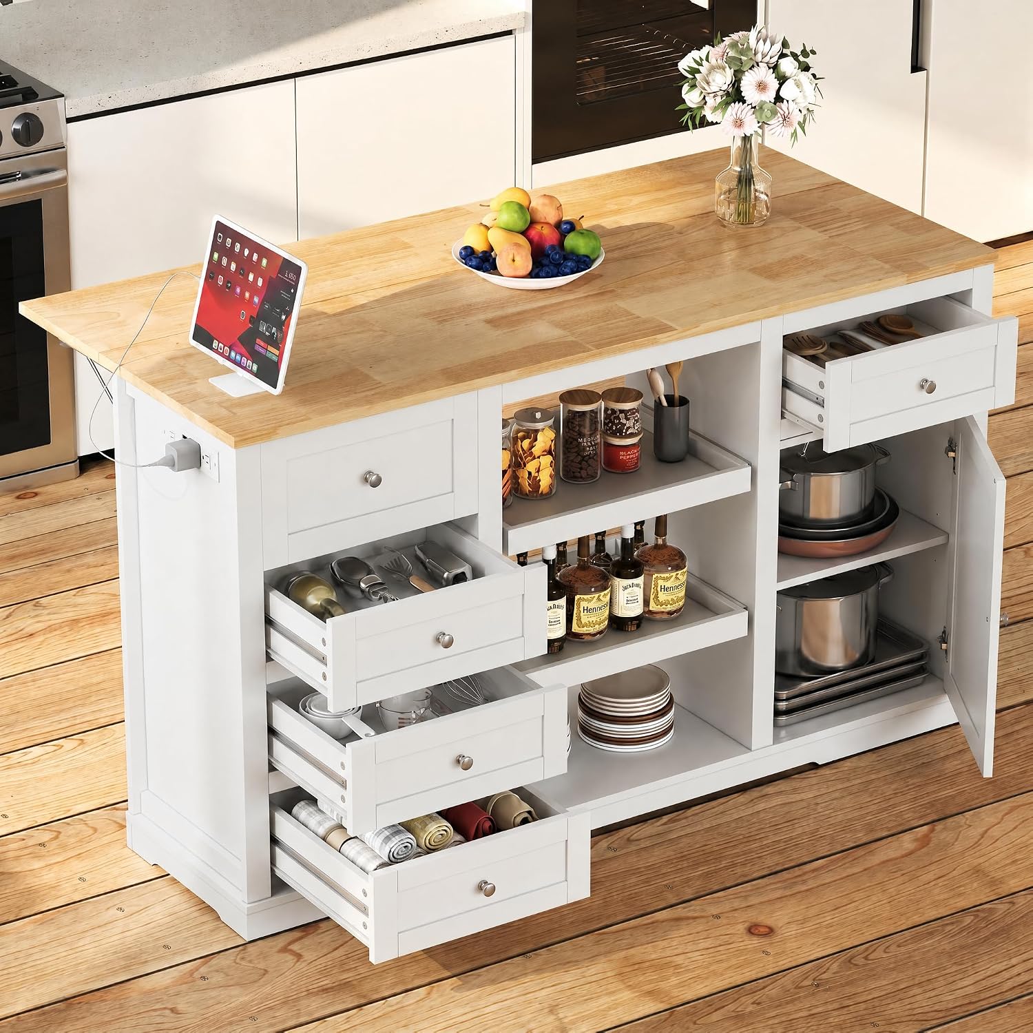 59" White Rubberwood Kitchen Island With Drop Leaf
