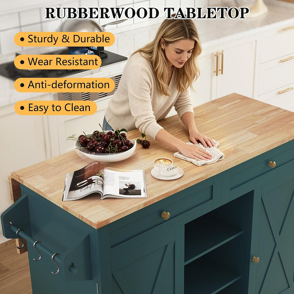 Dark Green Rolling Barn Door Kitchen Island Cart