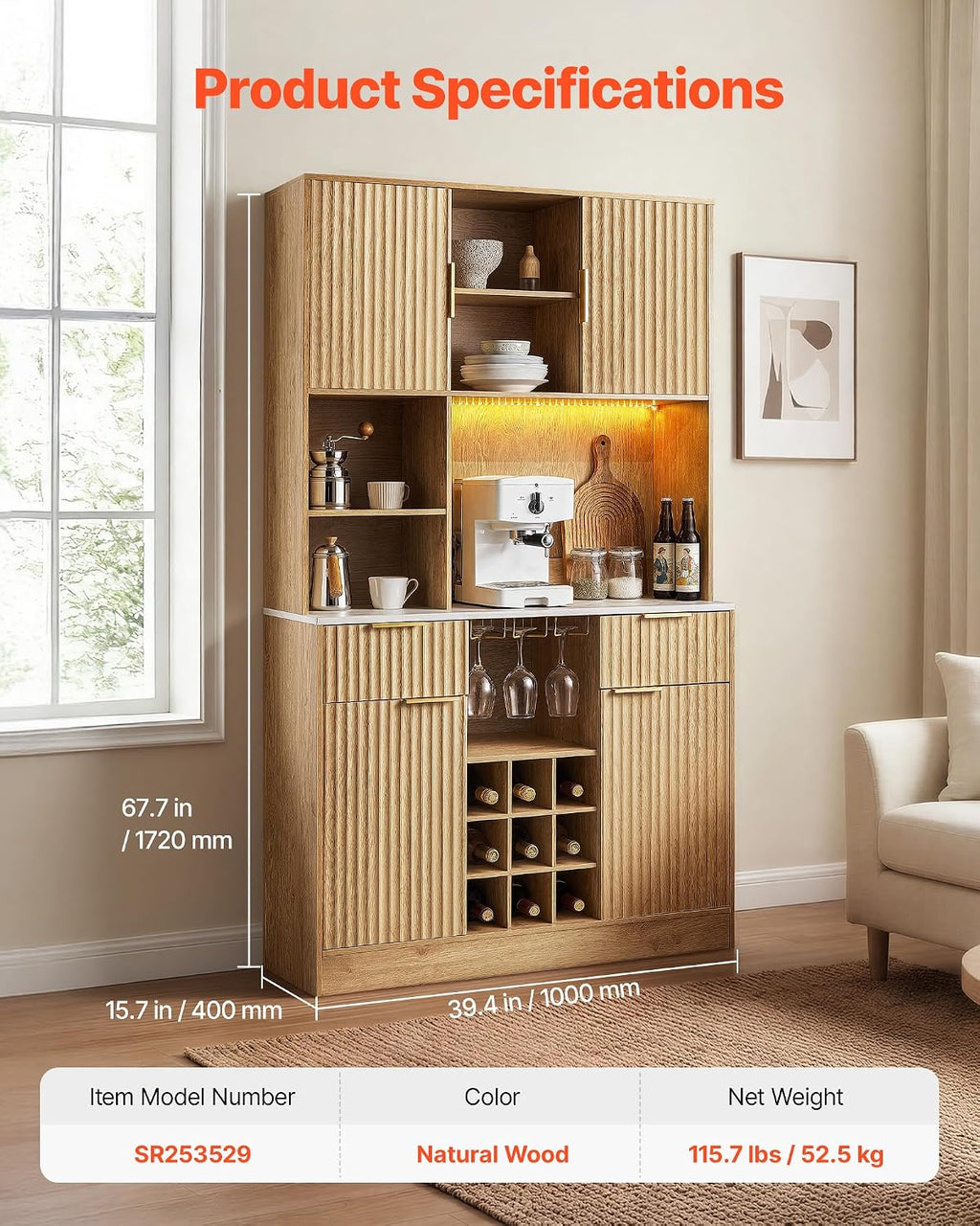 Natural Wood Wine Coffee Bar Sideboard Cabinet