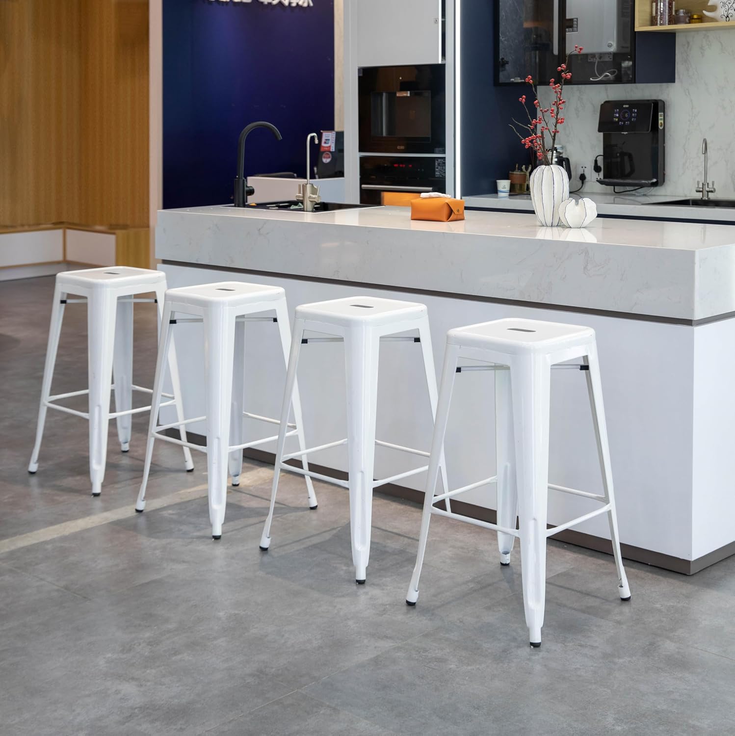 30" White Stackable Backless Metal Bar Stool