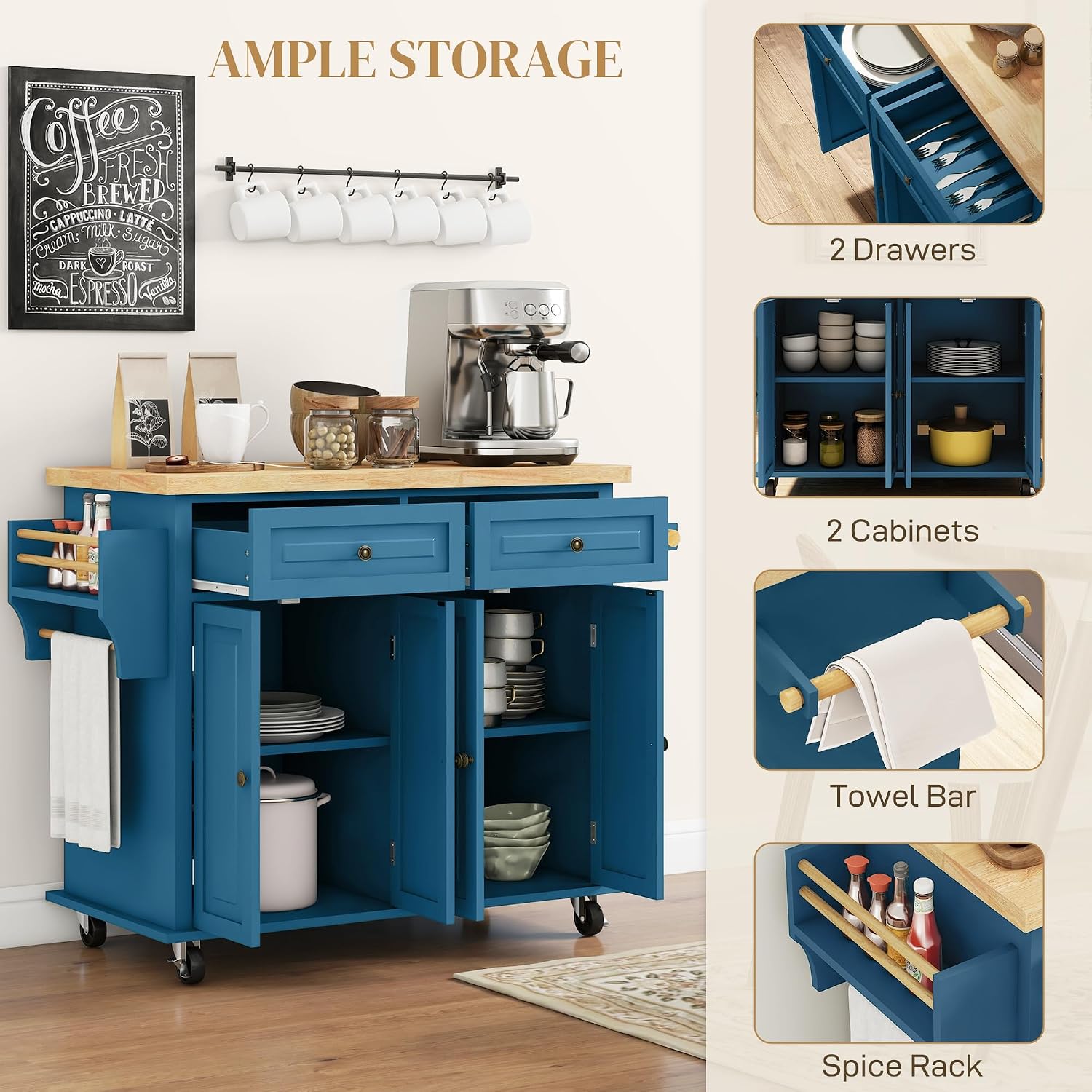 44" Turquoise Rolling Wood Top Kitchen Island Cart