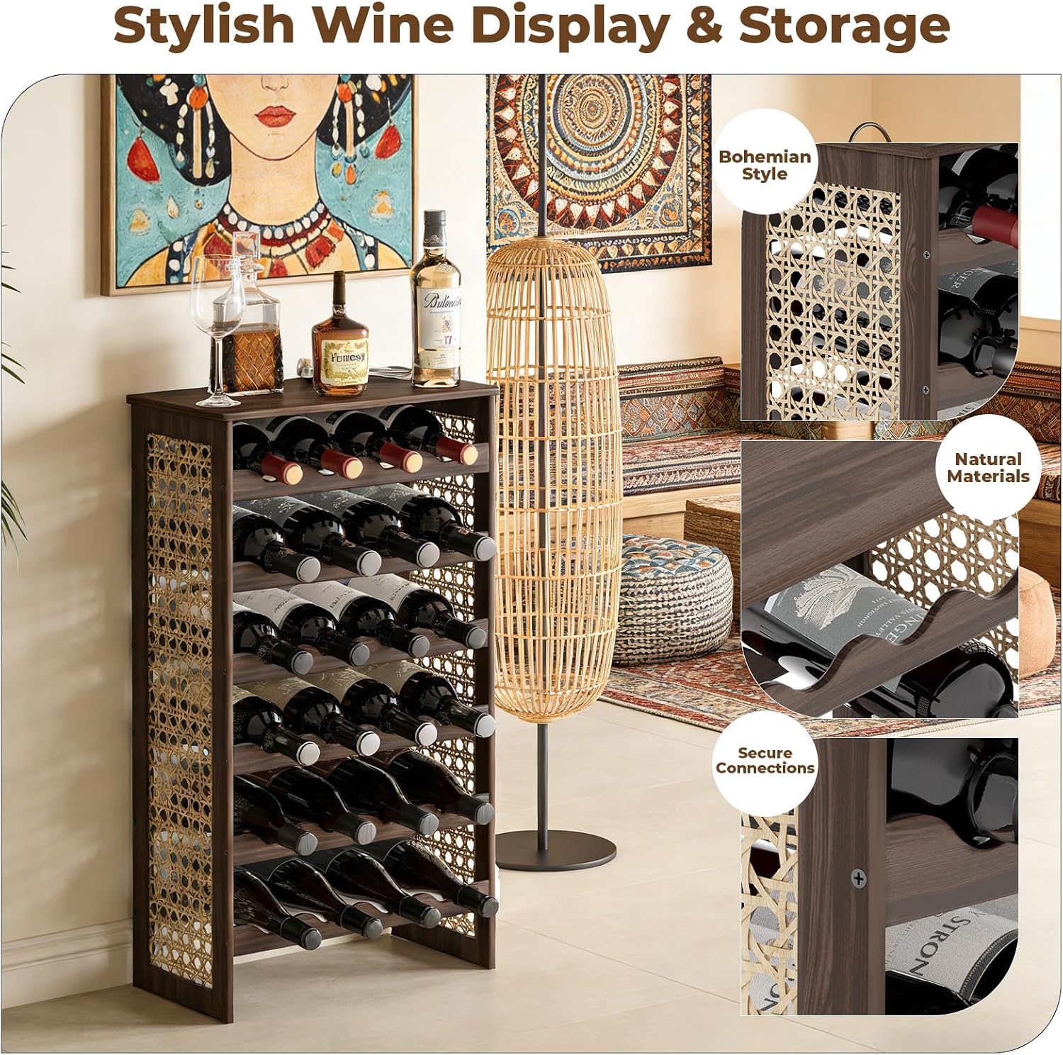 24 Bottle Pine Rattan Freestanding Wine Rack