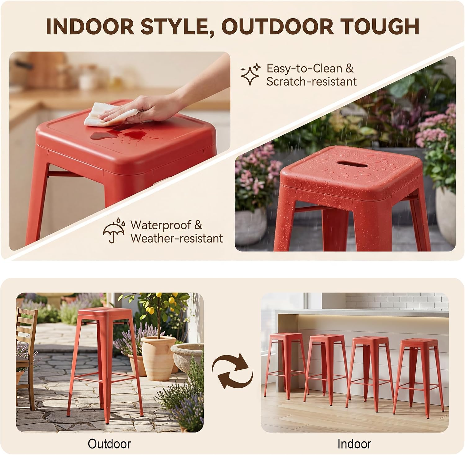 30" Red Stackable Backless Metal Bar Stools Set of 4