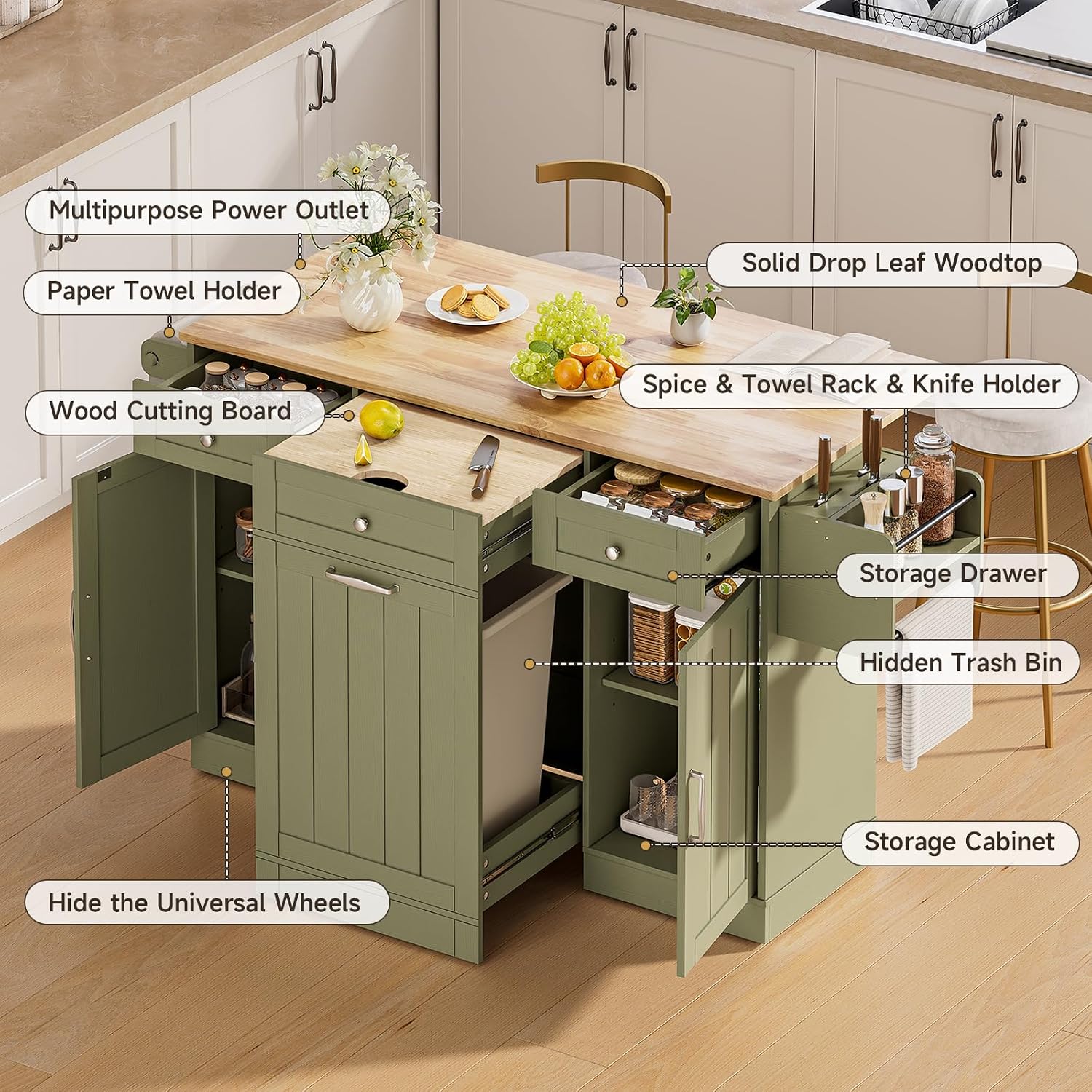 61" Green Rolling Kitchen Island Cart