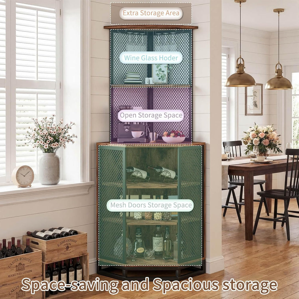 71" Rustic Brown Corner Wine Bar Cabinet