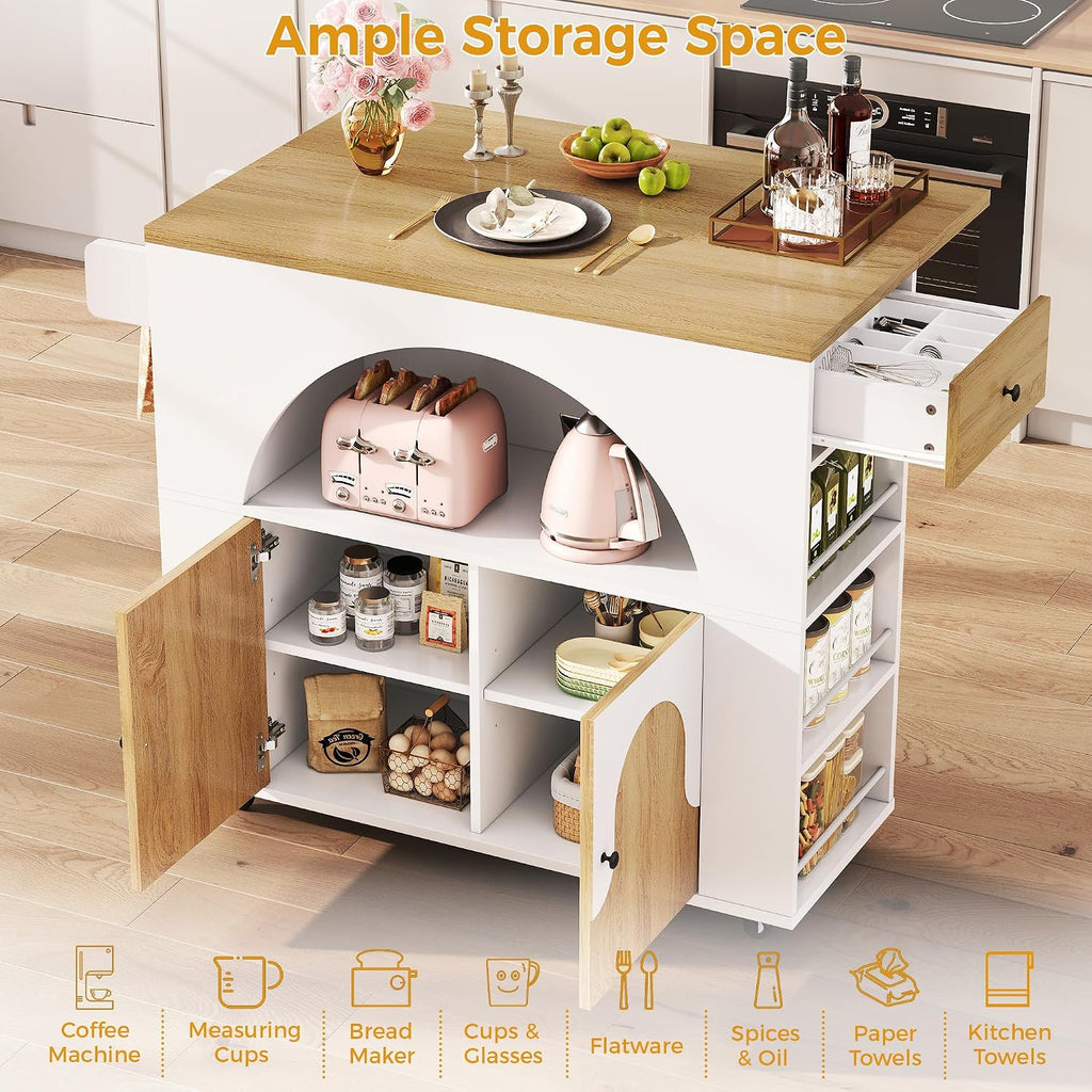 41.3" White Natural Kitchen Island With Drop Leaf