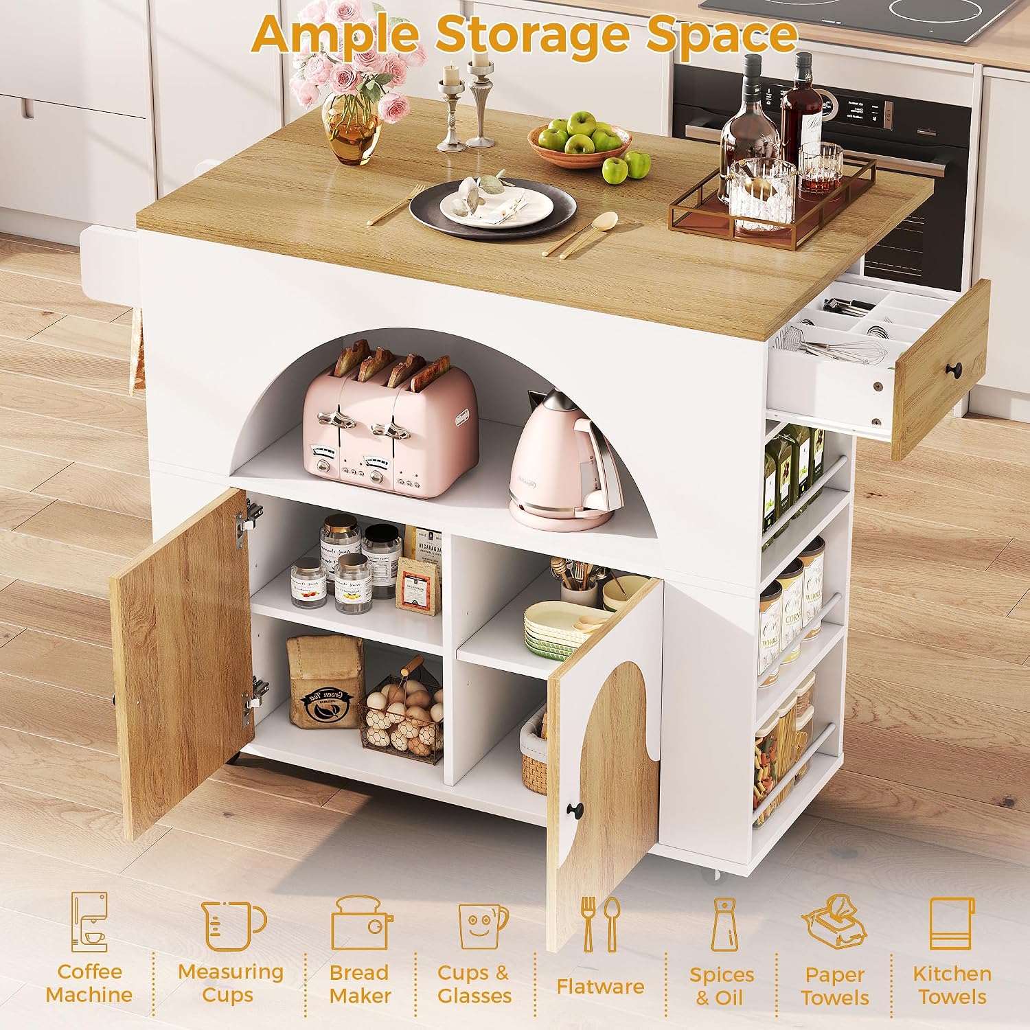 41.3" White Natural Kitchen Island With Drop Leaf