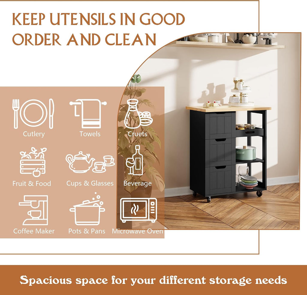 Wood Top Rolling Kitchen Island Storage Cart