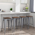 26" Silver Metal Wood Seat Stackable Bar Stools Set of 4