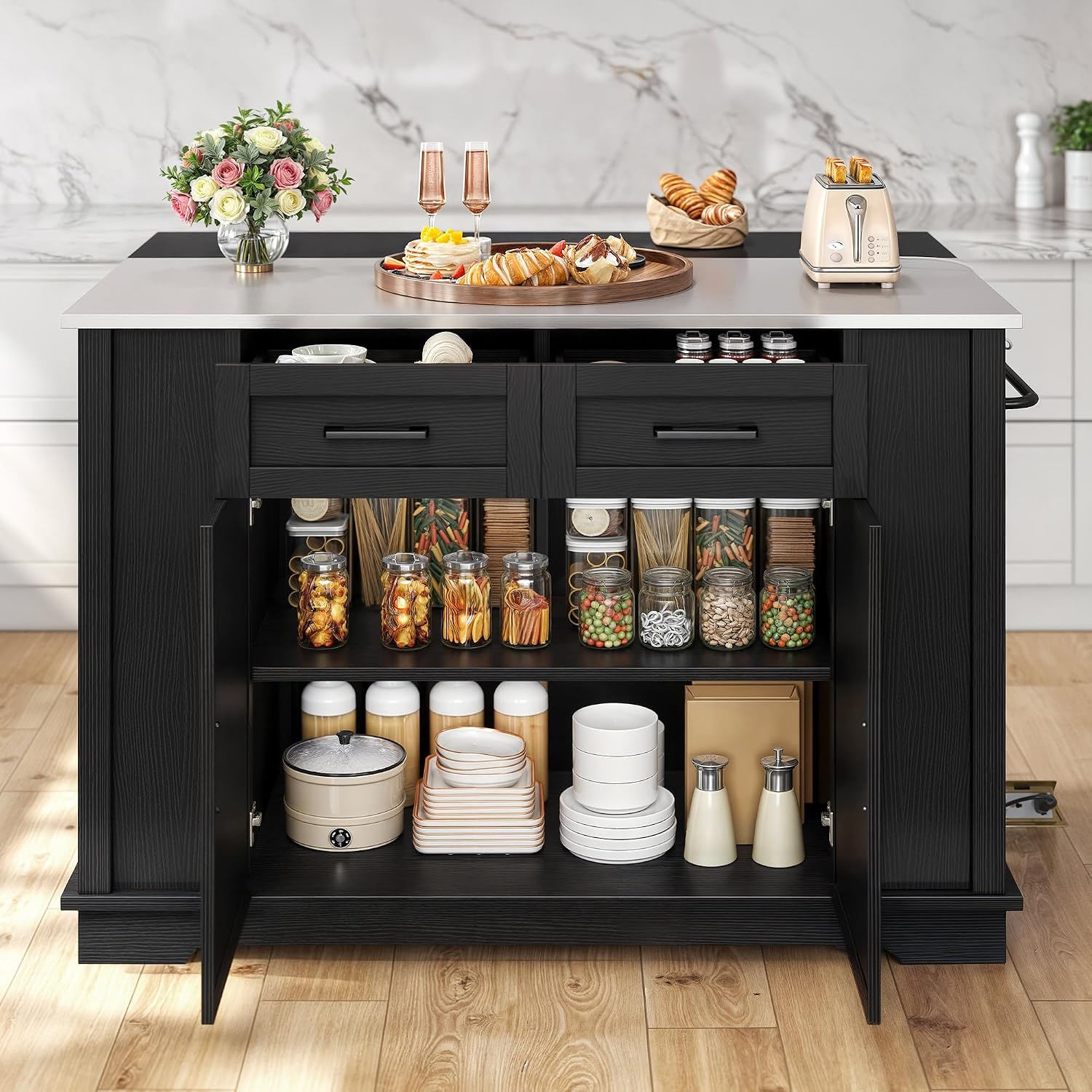 47" Black Rolling Kitchen Island with Drop Leaf