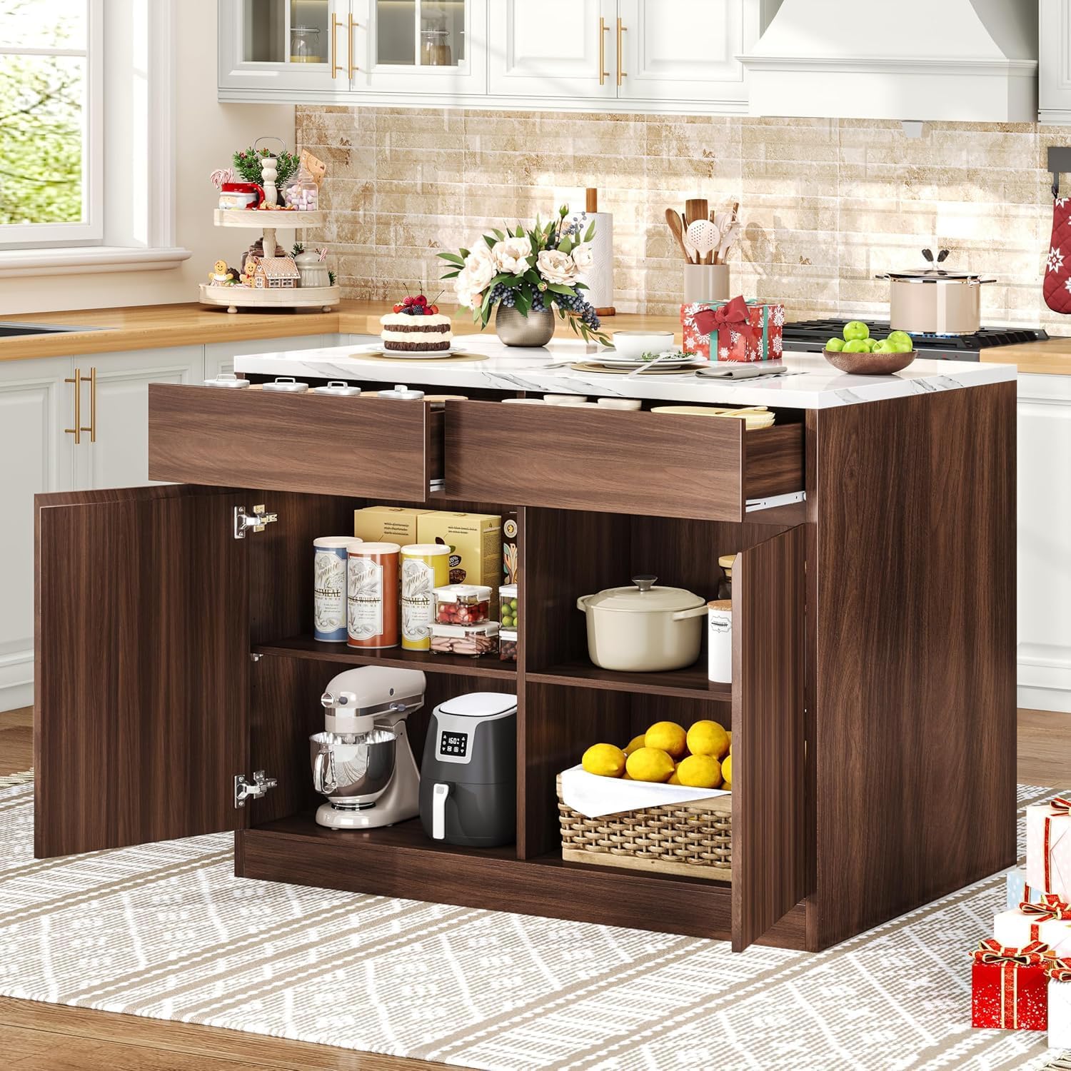 47.2" Walnut Faux Marble Kitchen Island