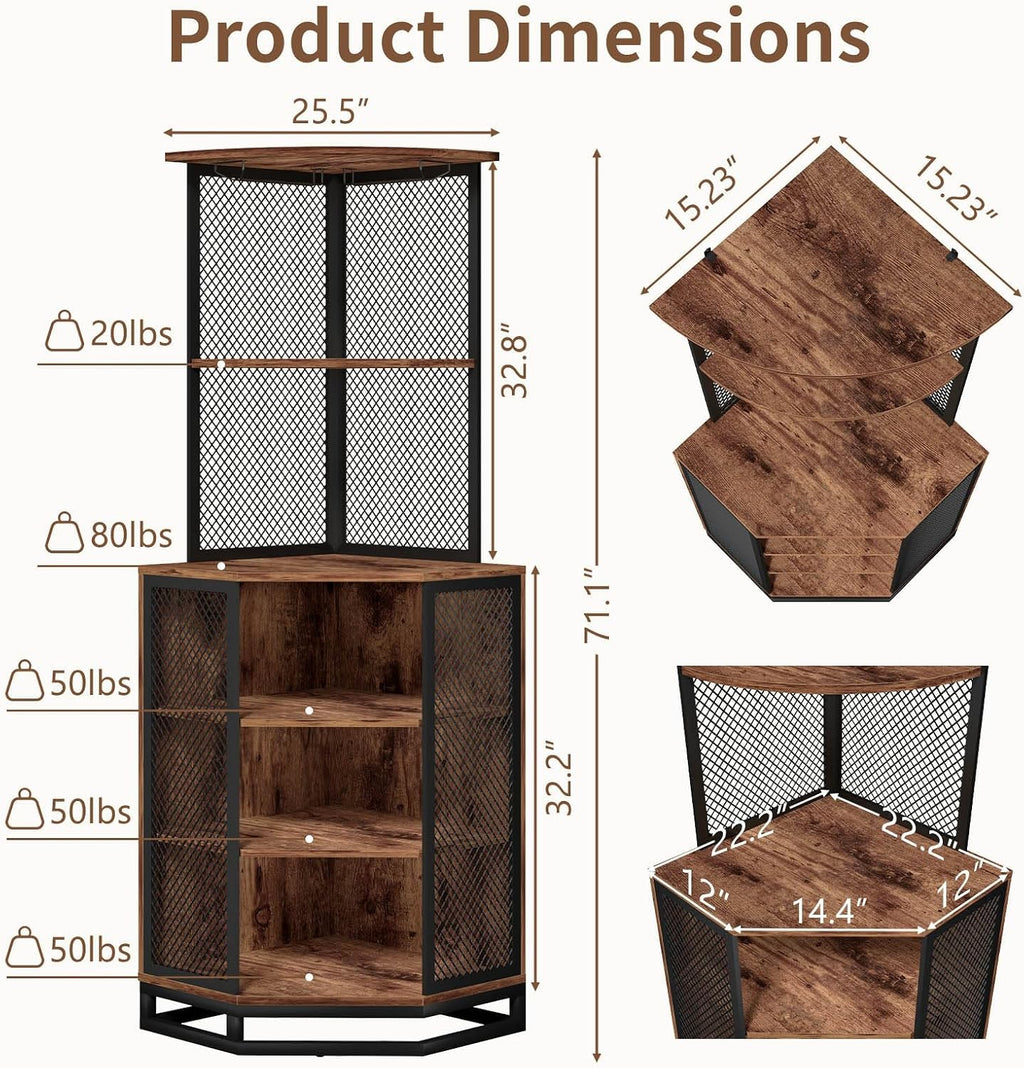 71" Rustic Brown Corner Wine Bar Cabinet