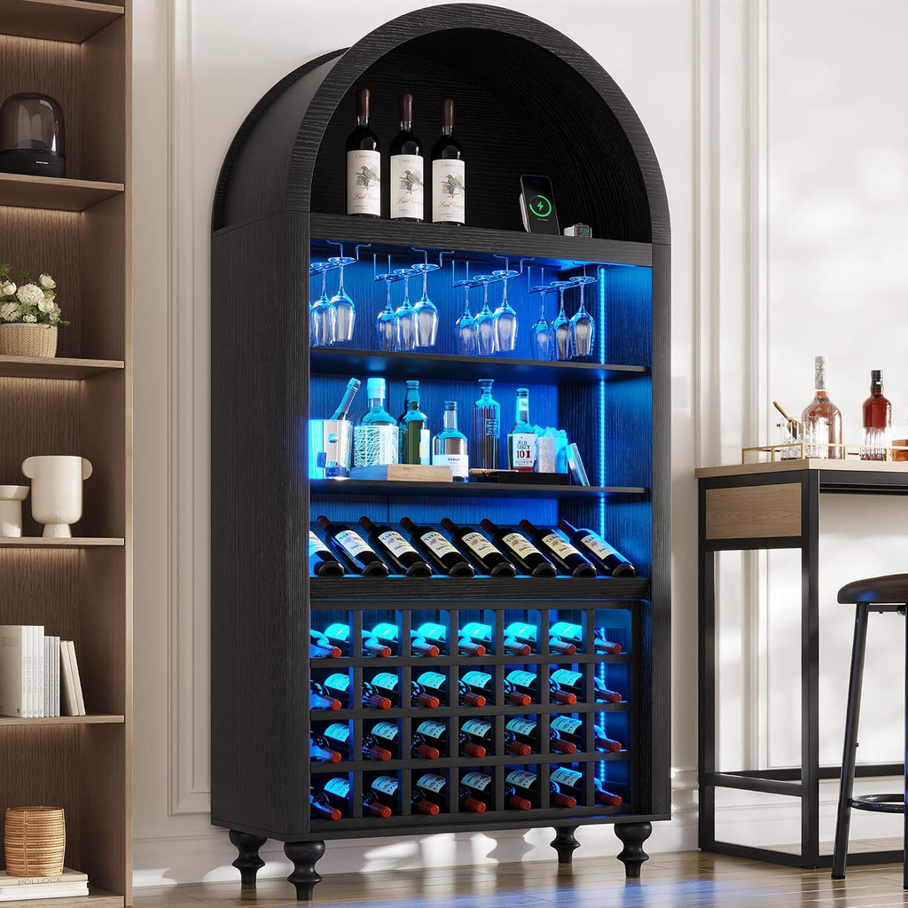 71" Black LED Arched Wine Coffee Bar Cabinet