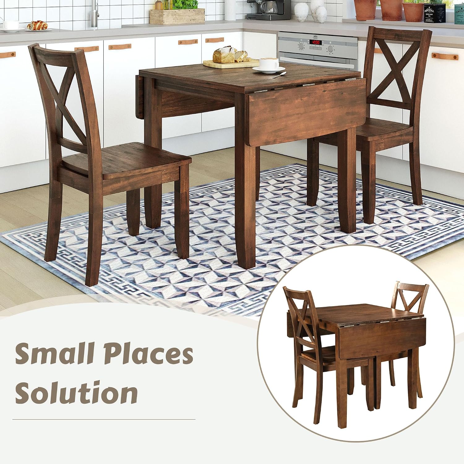 Walnut Drop Leaf Dining Table Set with 2 X-Back Chairs, 3 Pieces