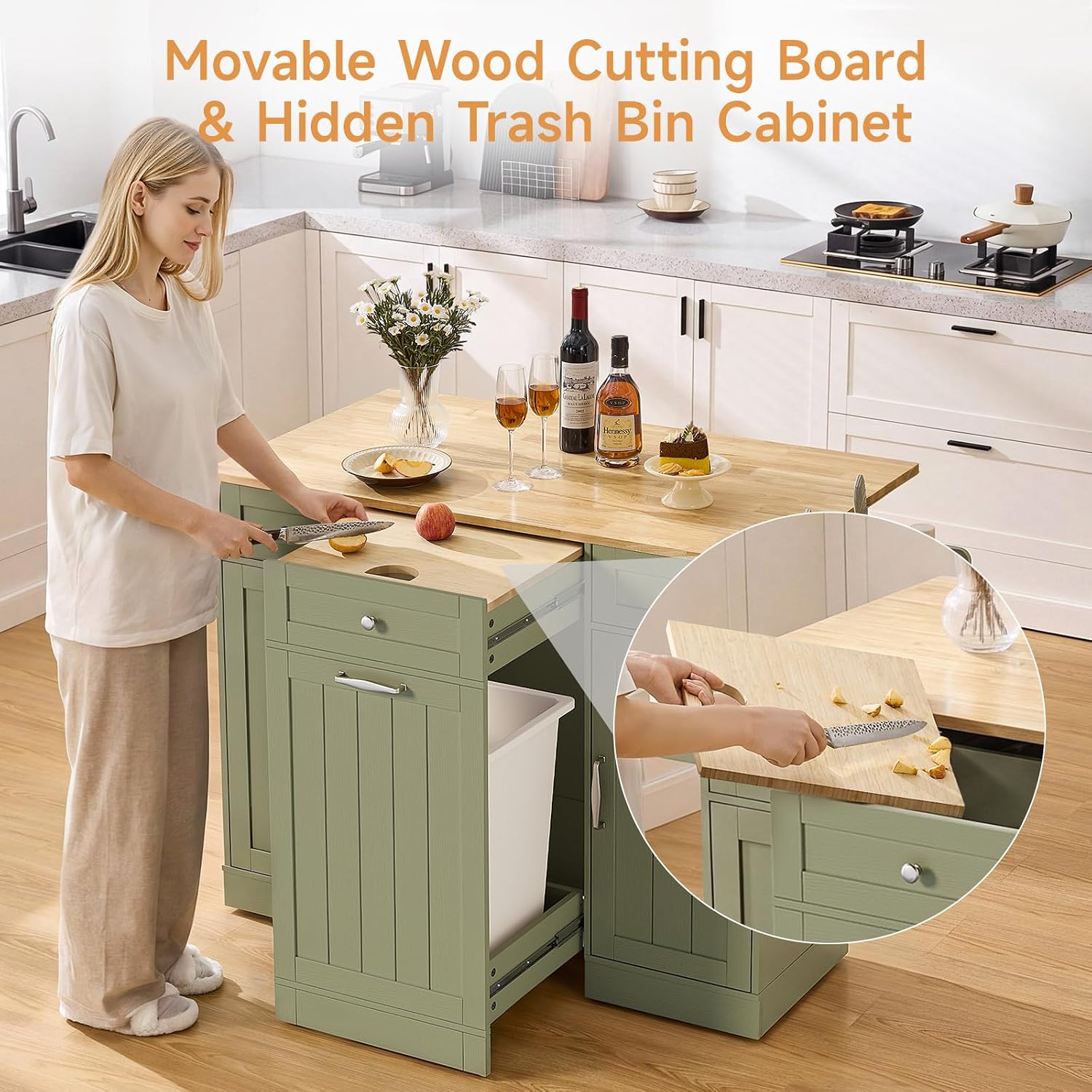 61" Green Rolling Kitchen Island Cart