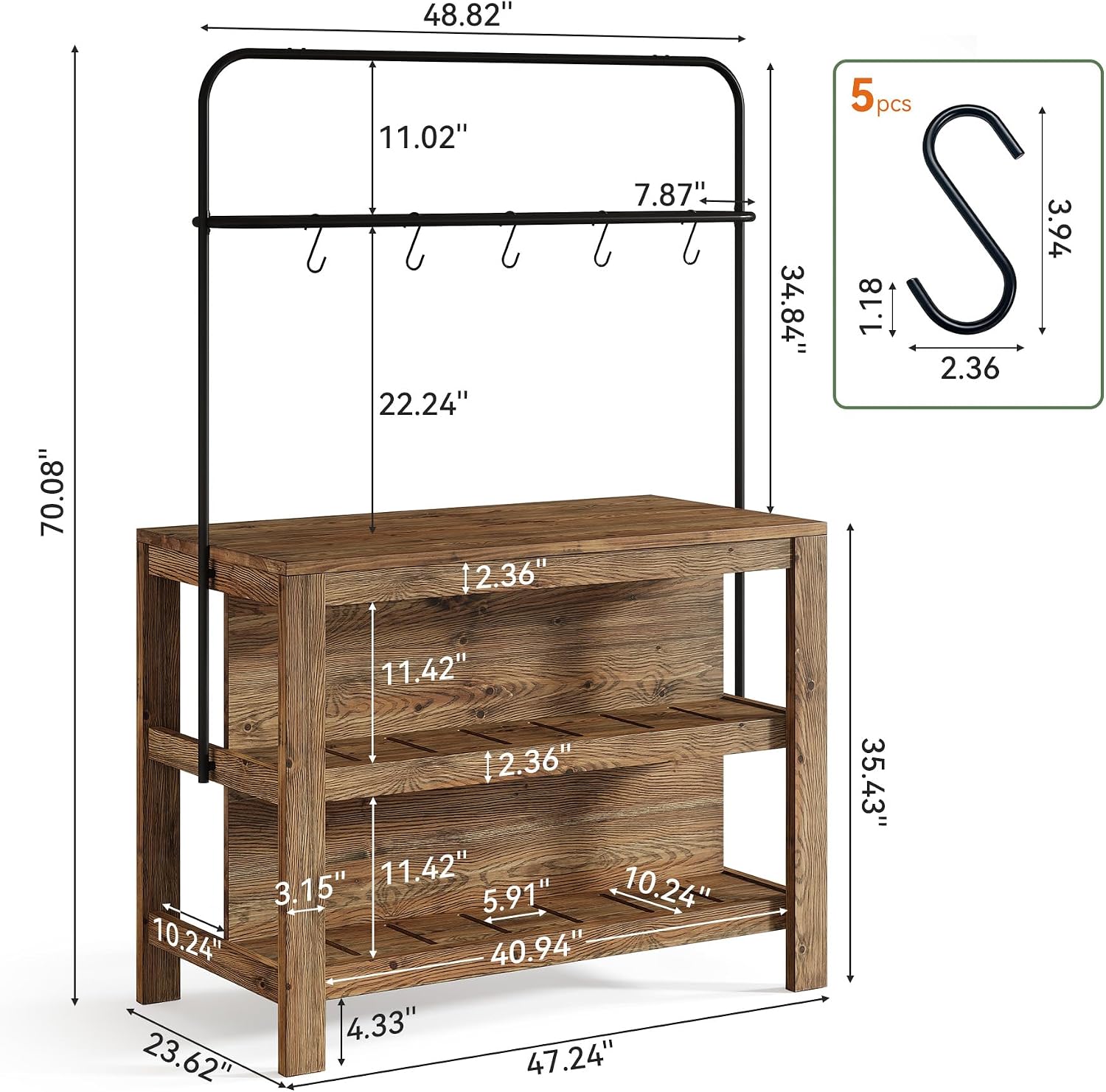 47" Rustic Brown Solid Wood Kitchen Island