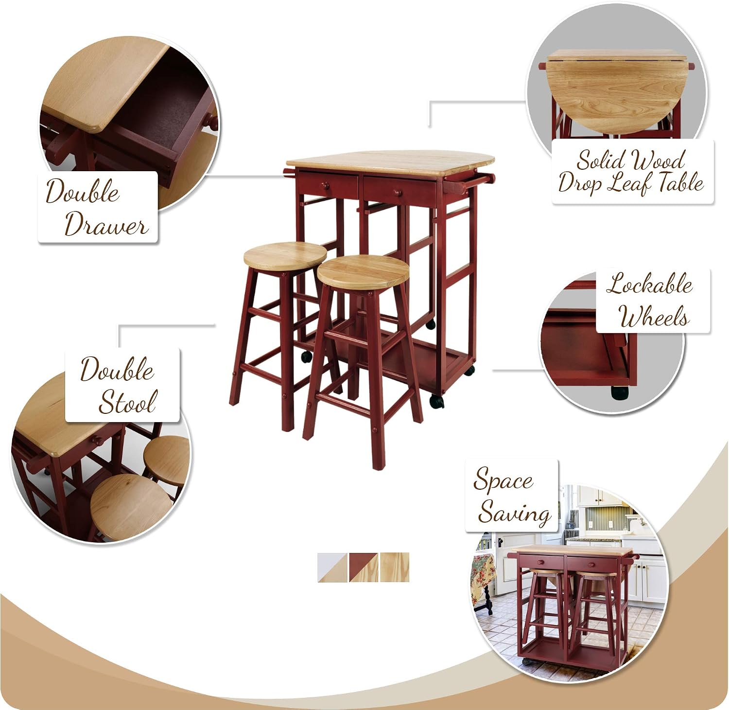 Red Drop Leaf Cart & 2 Stools
