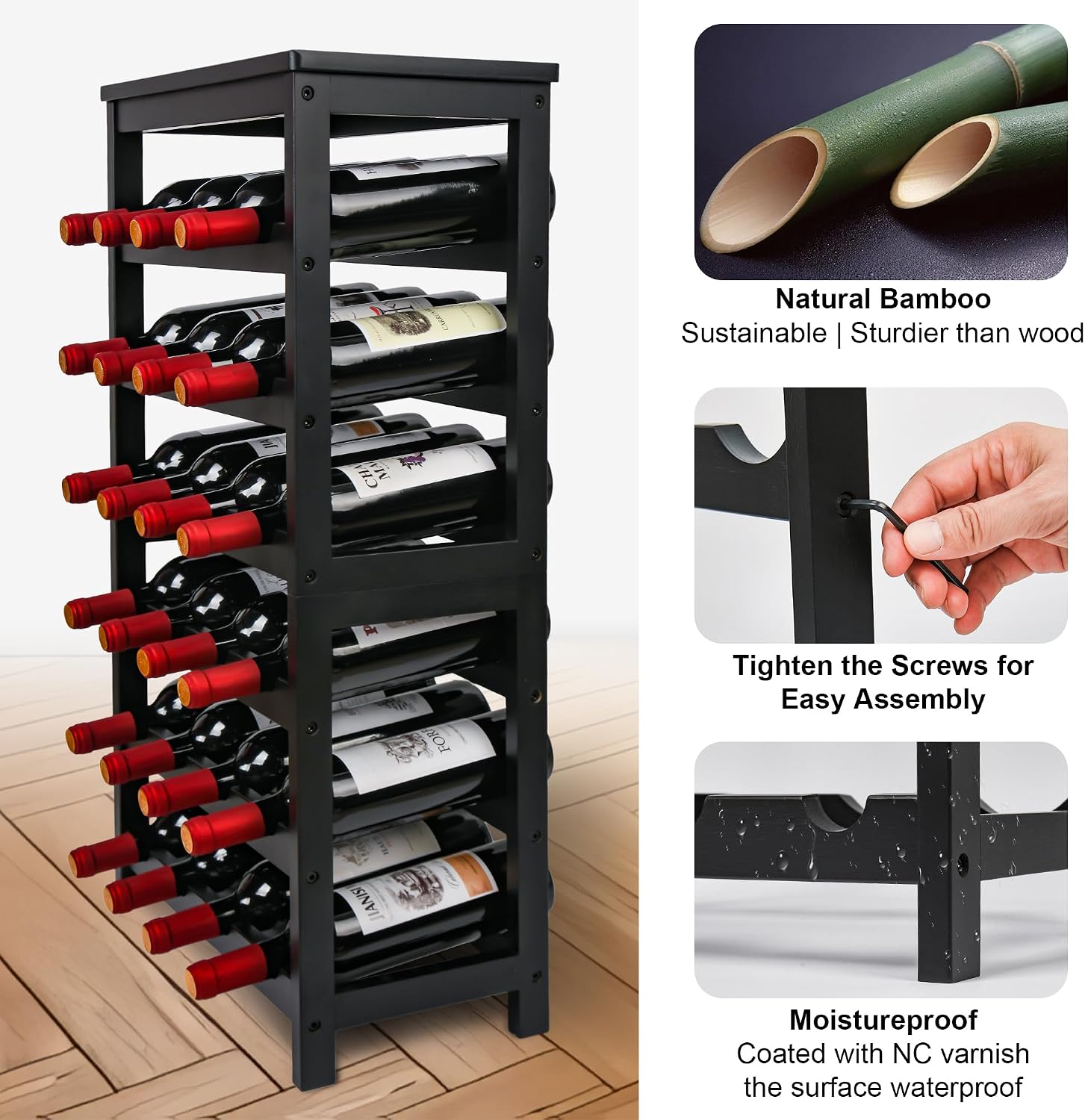Black Bamboo 24 Bottle Freestanding Wine Rack