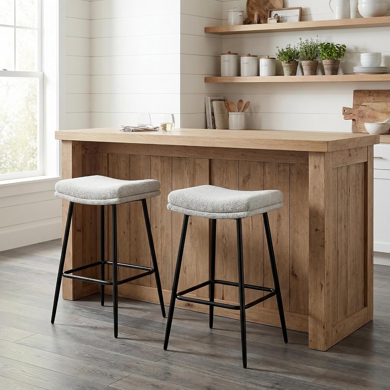 26" White Boucle Saddle Bar Stools Set of 3