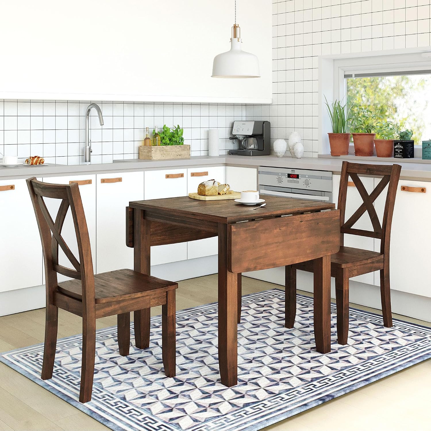 Walnut Drop Leaf Dining Table Set with 2 X-Back Chairs, 3 Pieces