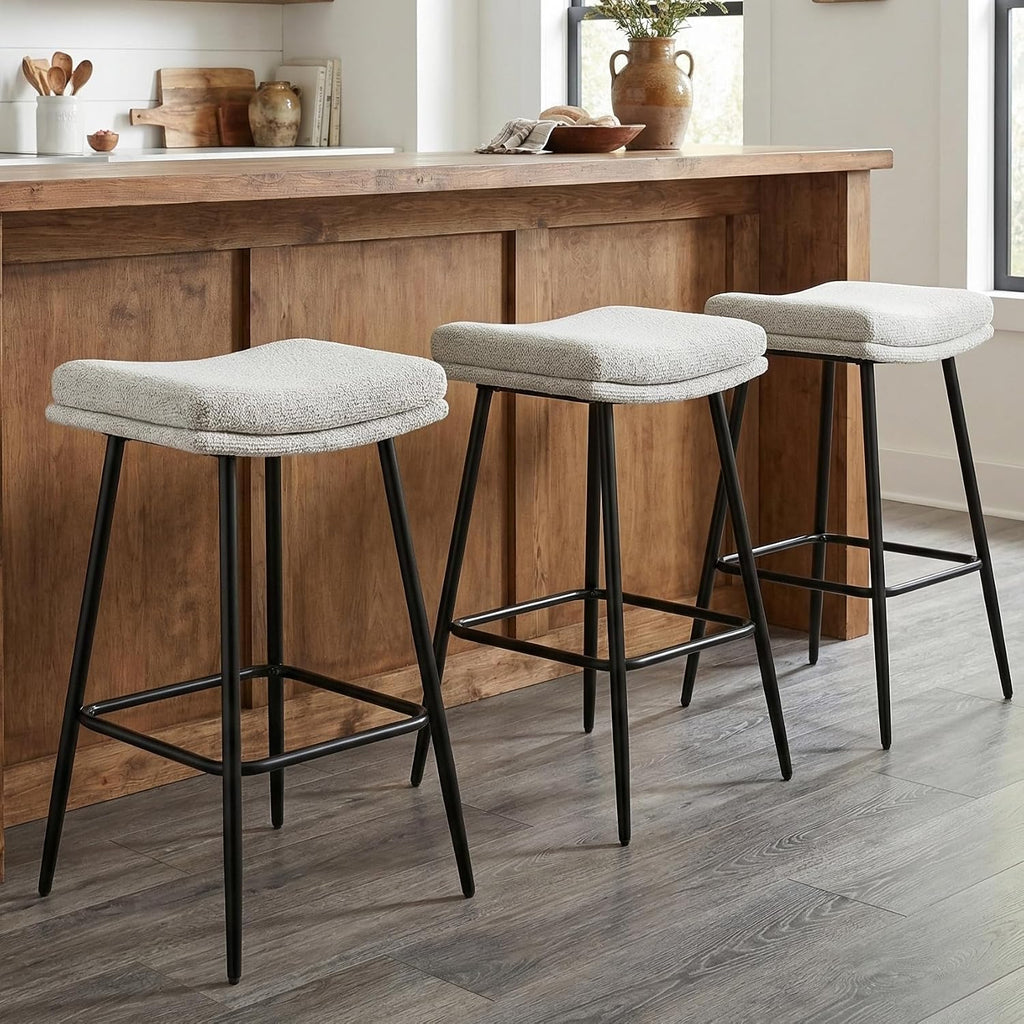 26" White Boucle Saddle Bar Stools Set of 3