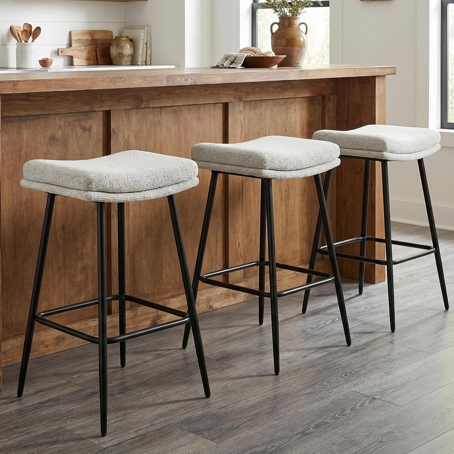 26" White Boucle Saddle Bar Stools Set of 3