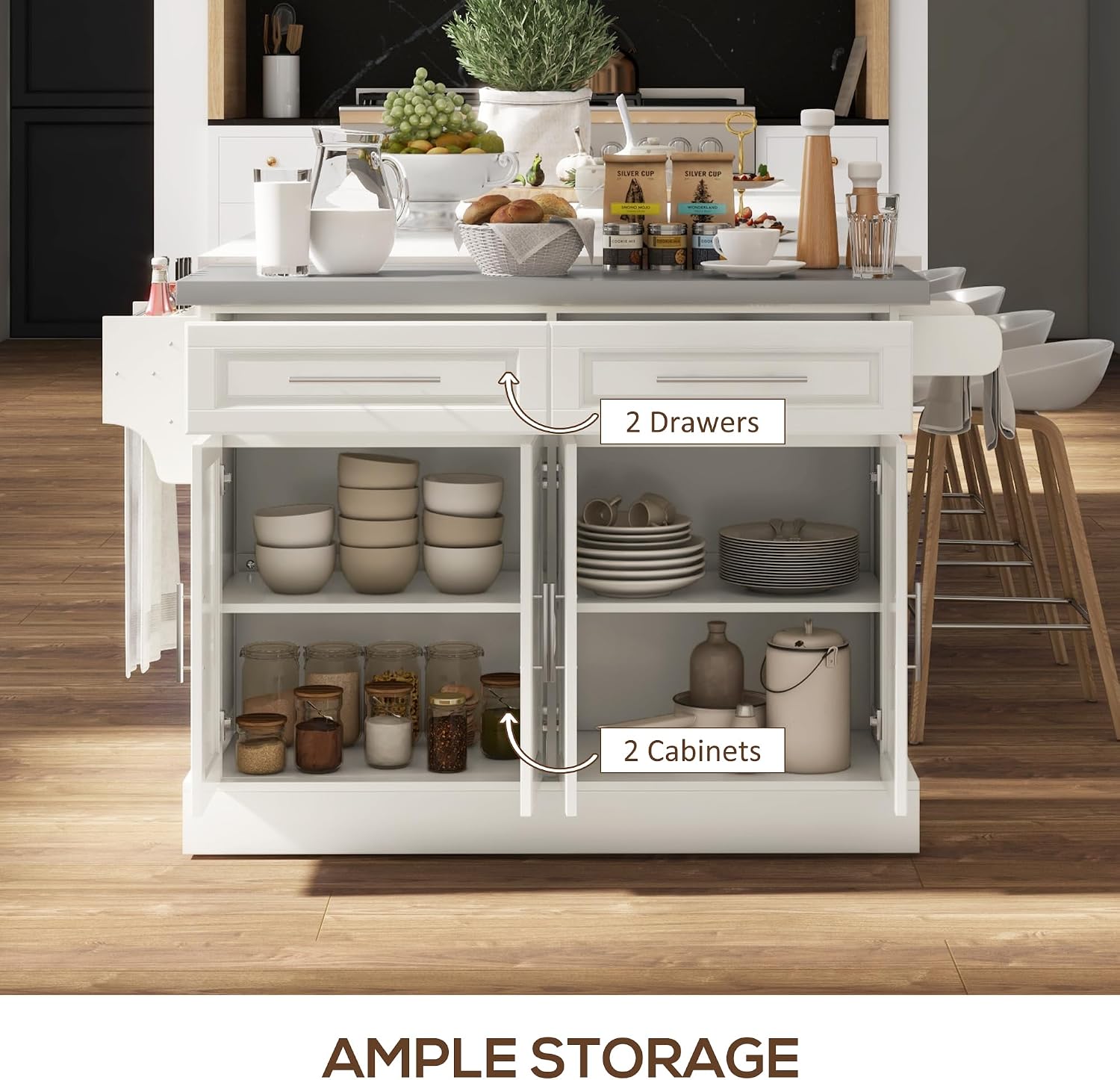 47" Cream Stainless Steel Rolling Kitchen Island Cart
