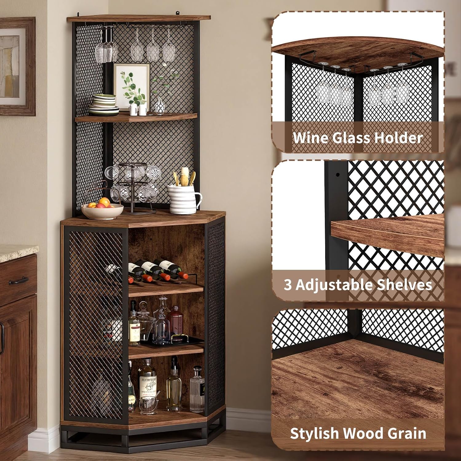 71" Rustic Brown Corner Wine Bar Cabinet