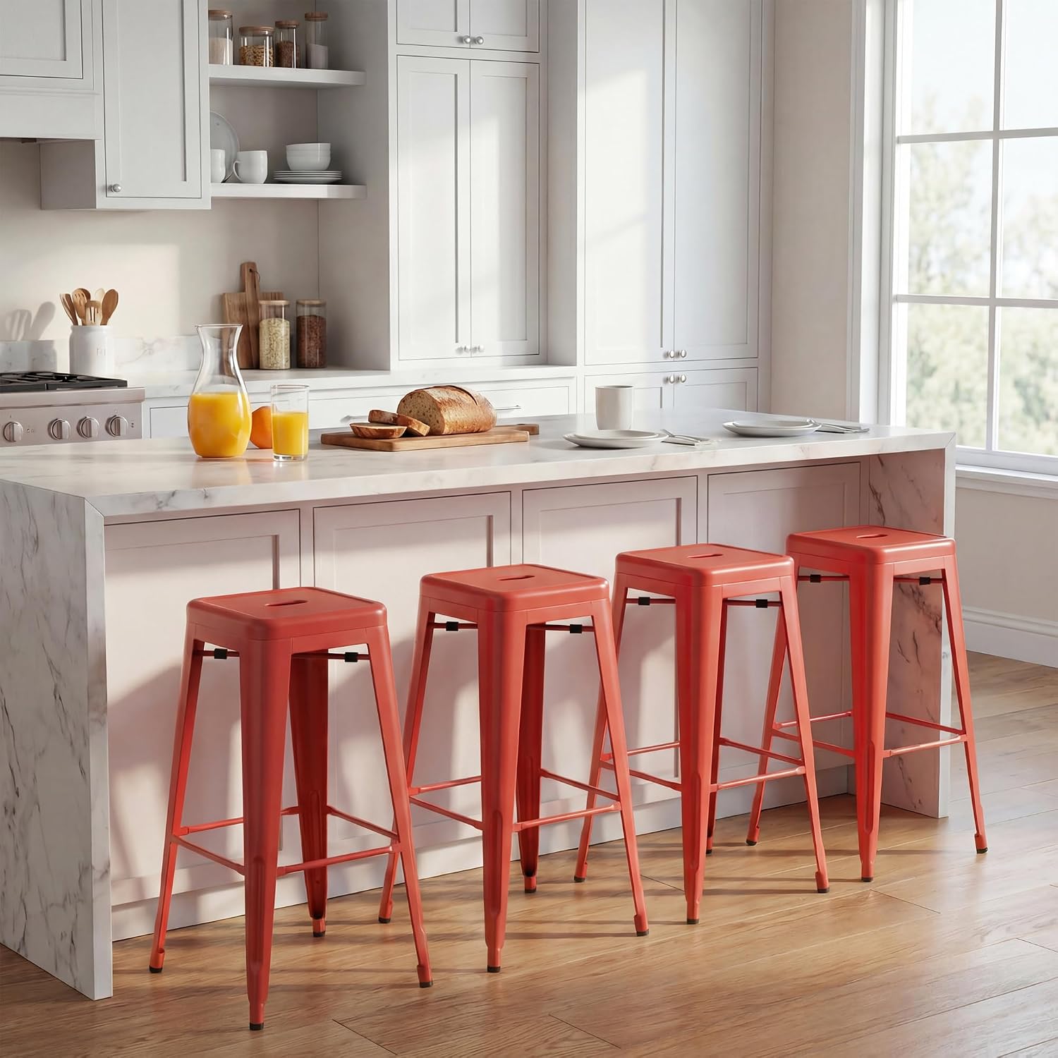 30" Red Stackable Backless Metal Bar Stools Set of 4