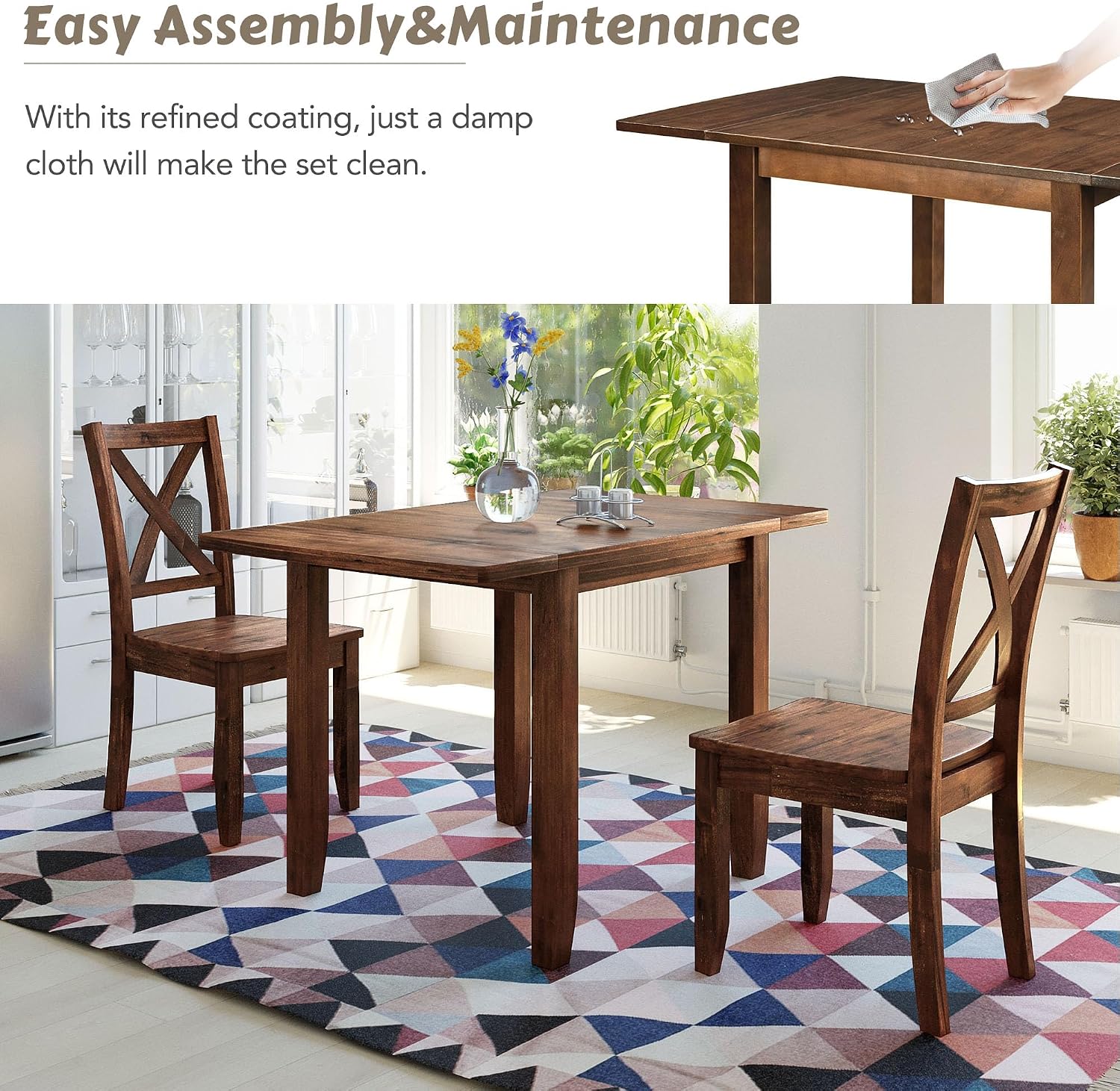 Walnut Drop Leaf Dining Table Set with 2 X-Back Chairs, 3 Pieces