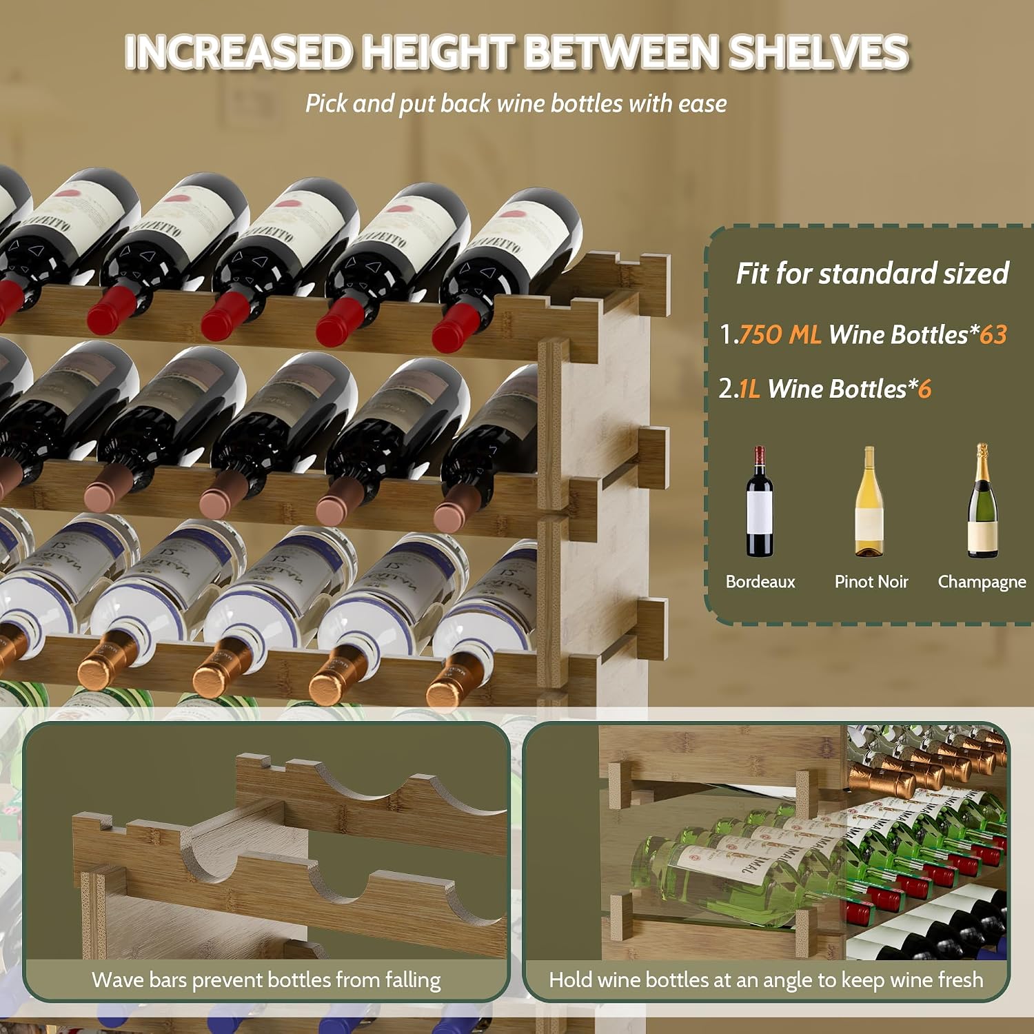 Walnut Bamboo 69 Bottle Freestanding Wine Rack