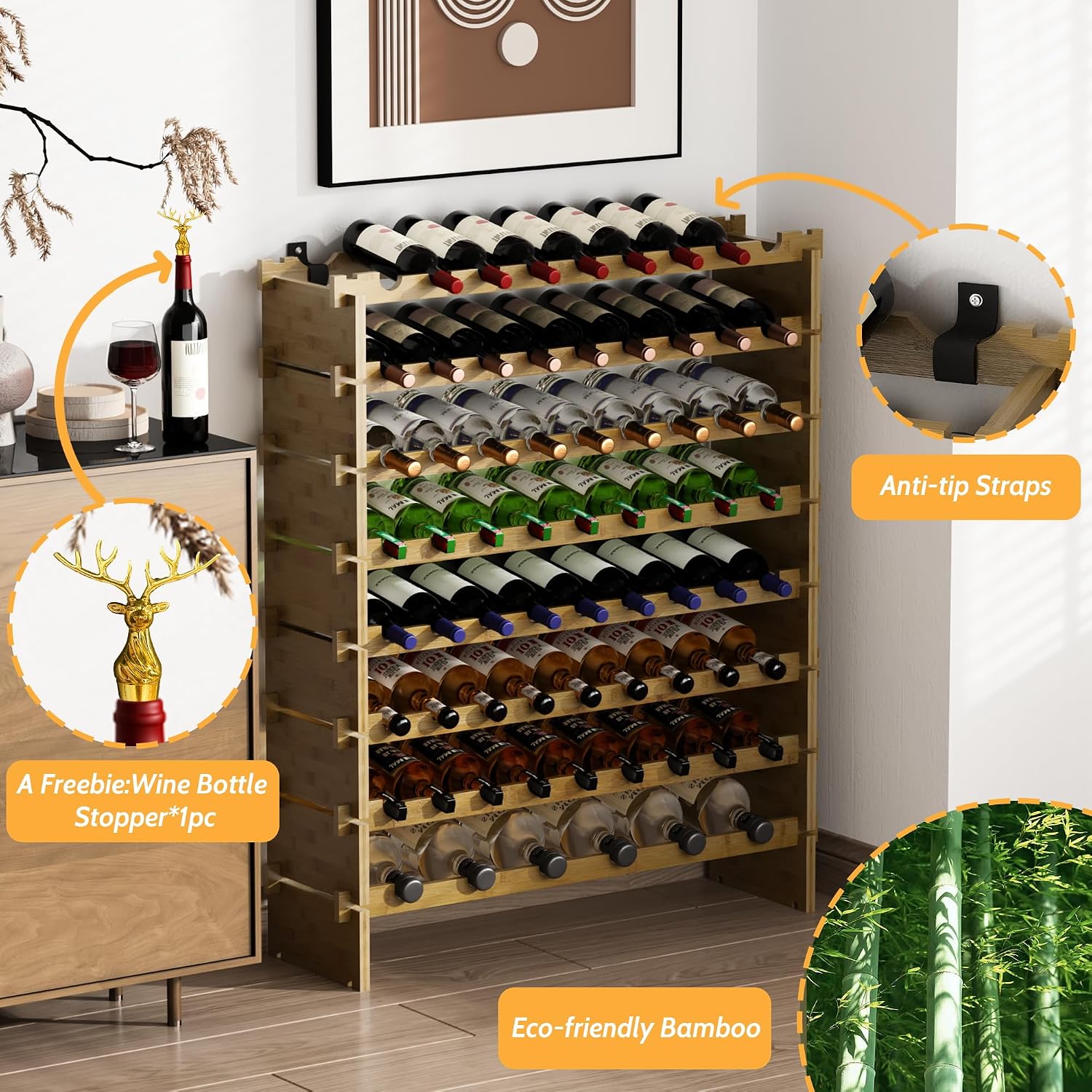 Walnut Bamboo 69 Bottle Freestanding Wine Rack