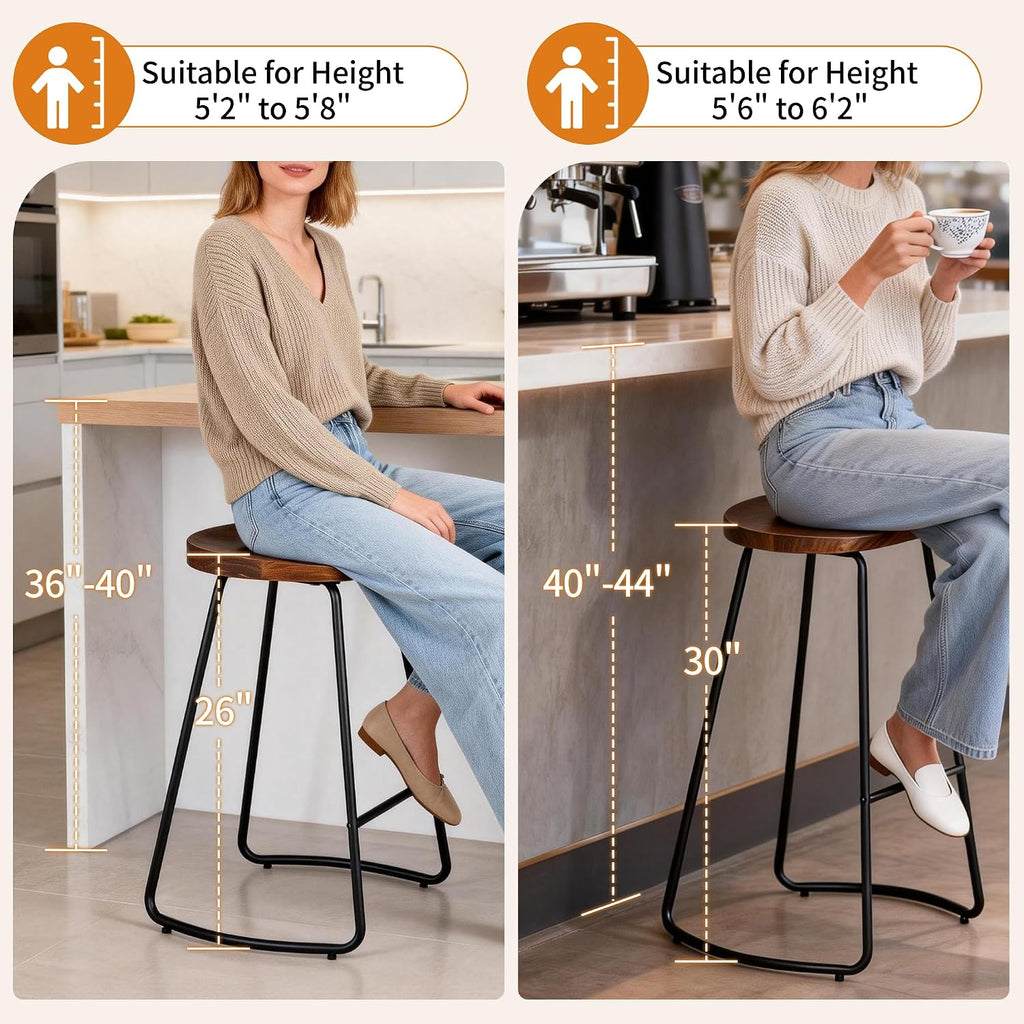 30" Walnut Saddle Seat Metal Leg Bar Stools Set of 4