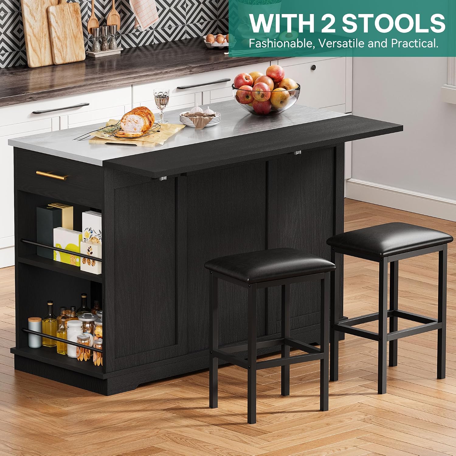 47" Black Mobile Kitchen Island with Stools