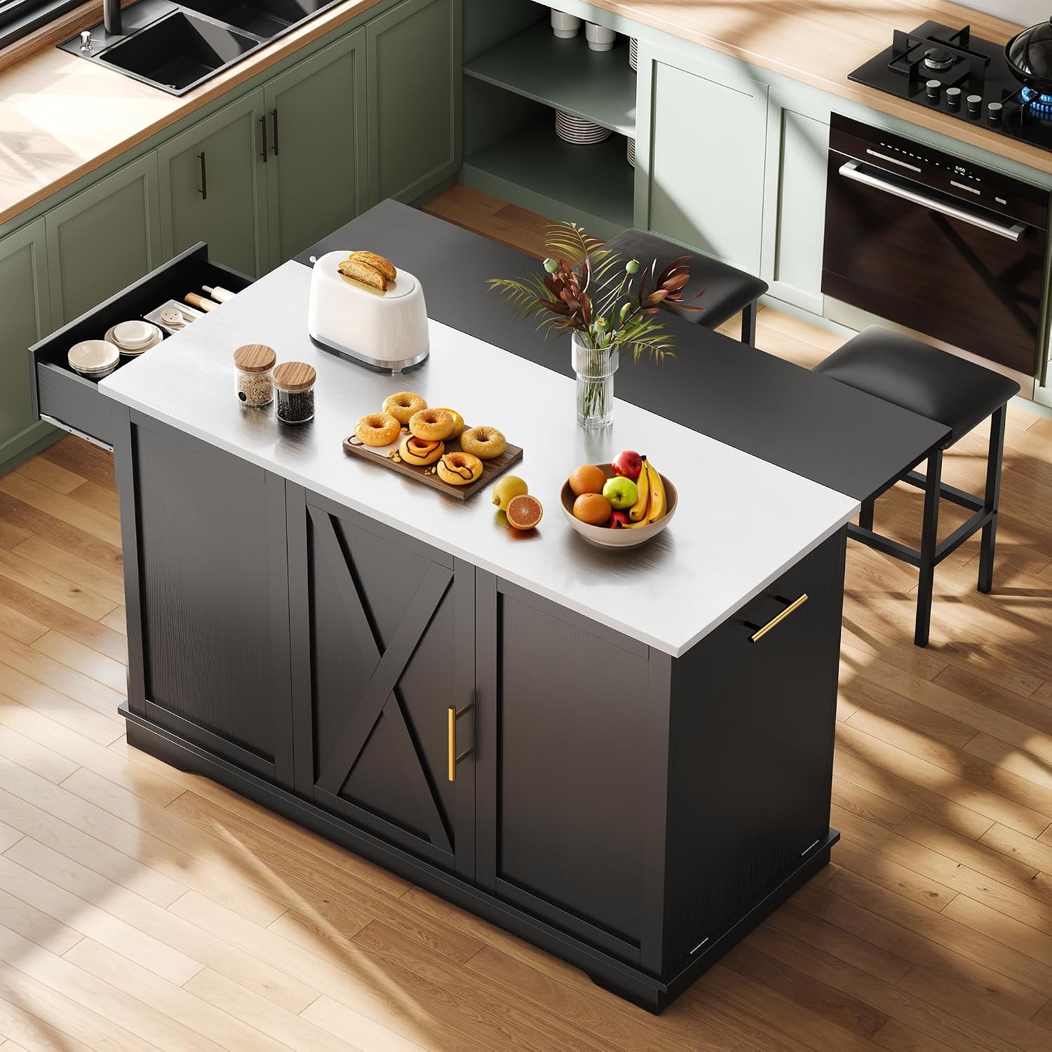 47" Black Mobile Kitchen Island with Stools