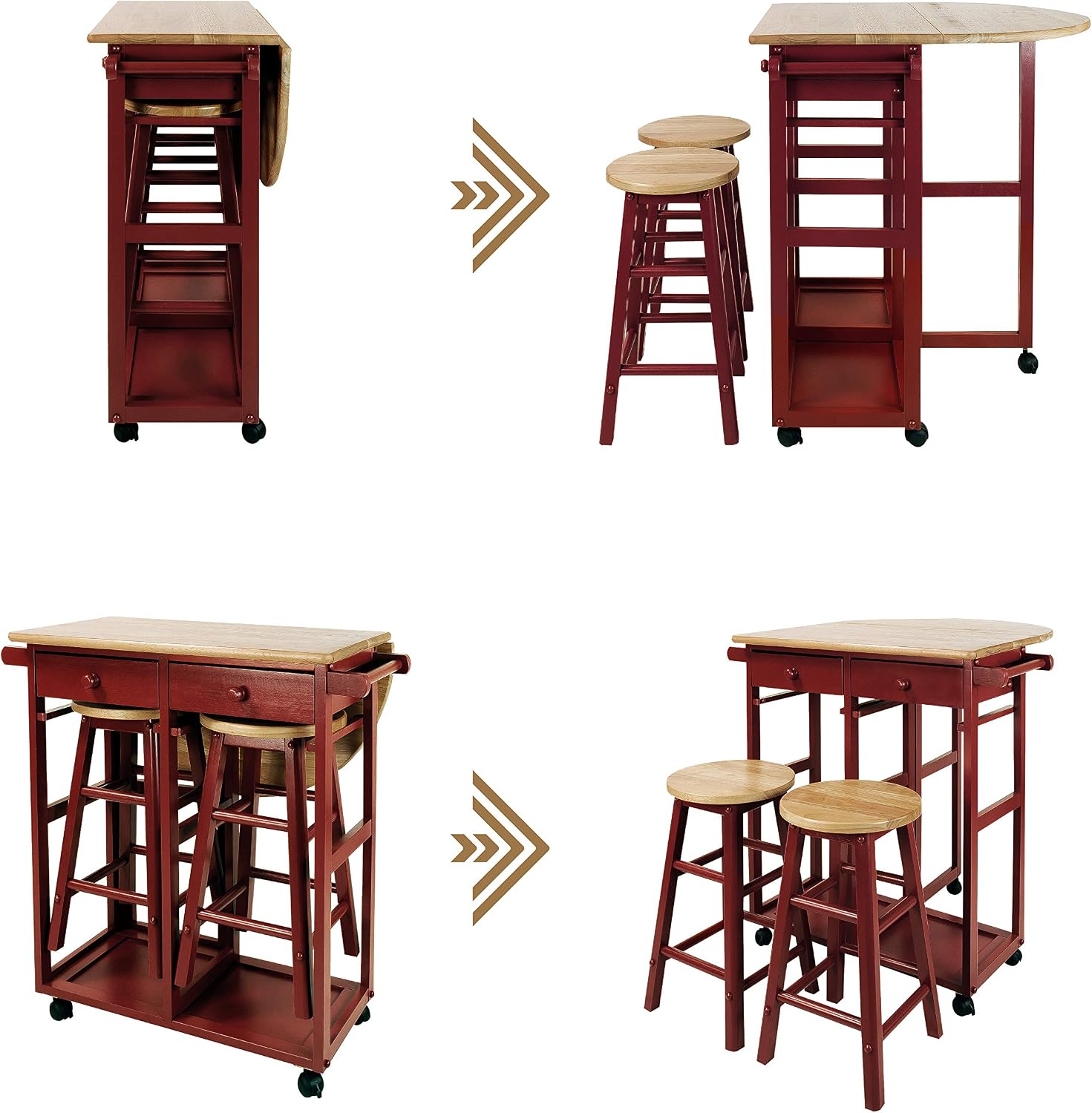 Red Drop Leaf Cart & 2 Stools