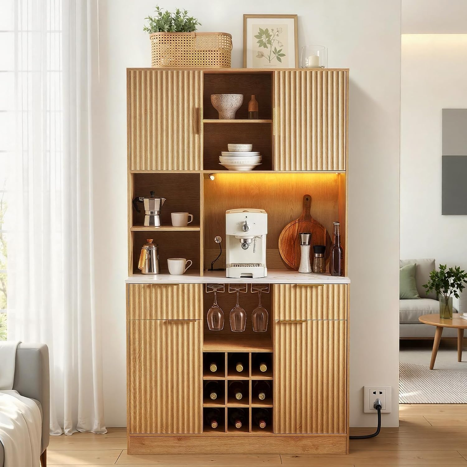 Natural Wood Wine Coffee Bar Sideboard Cabinet
