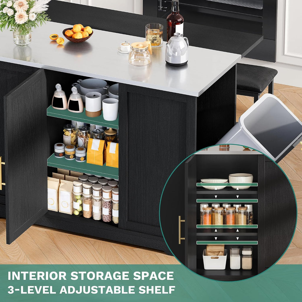 47" Black Mobile Kitchen Island with Stools