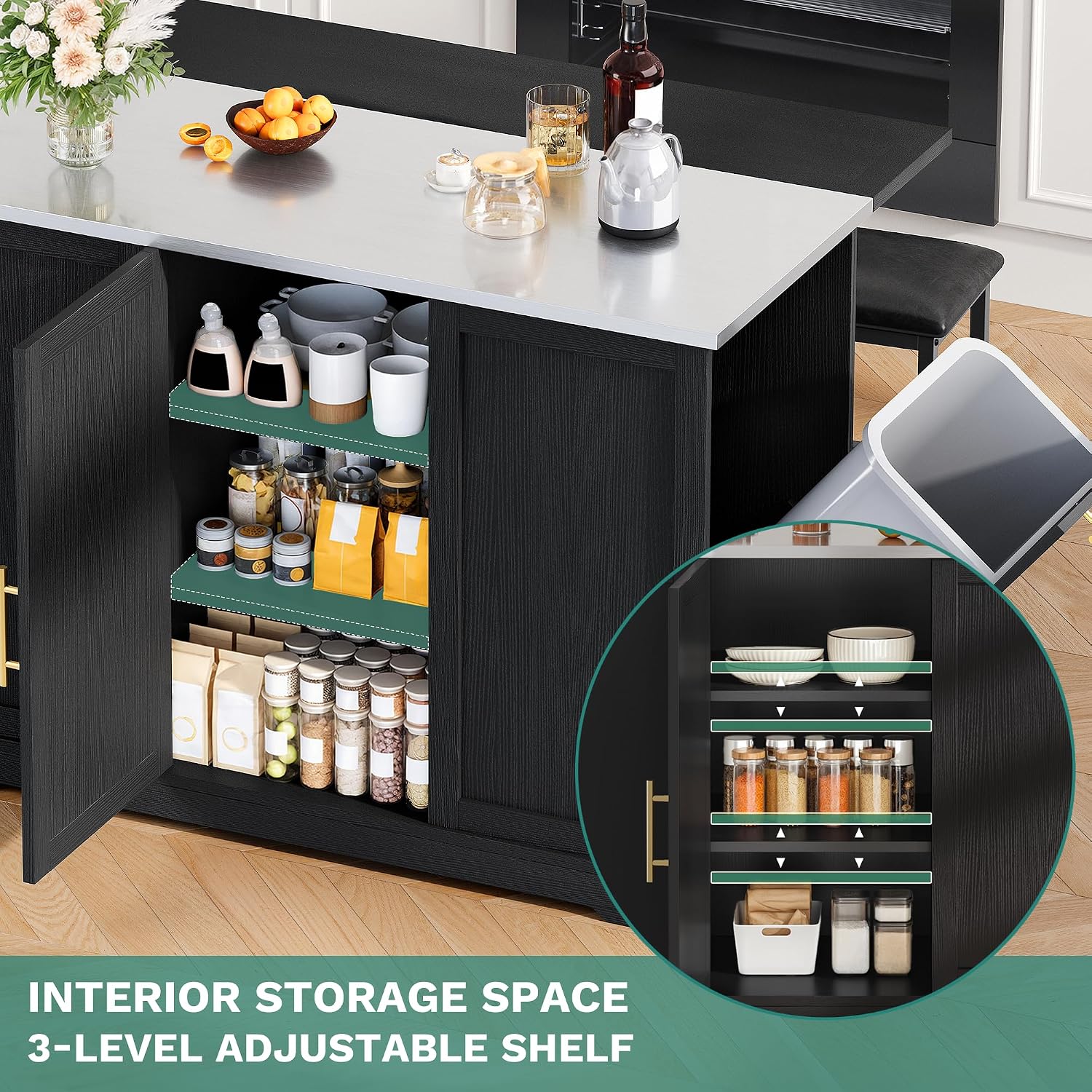 47" Black Mobile Kitchen Island with Stools