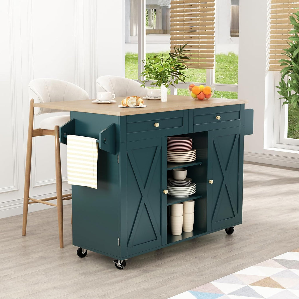 Dark Green Rolling Barn Door Kitchen Island Cart