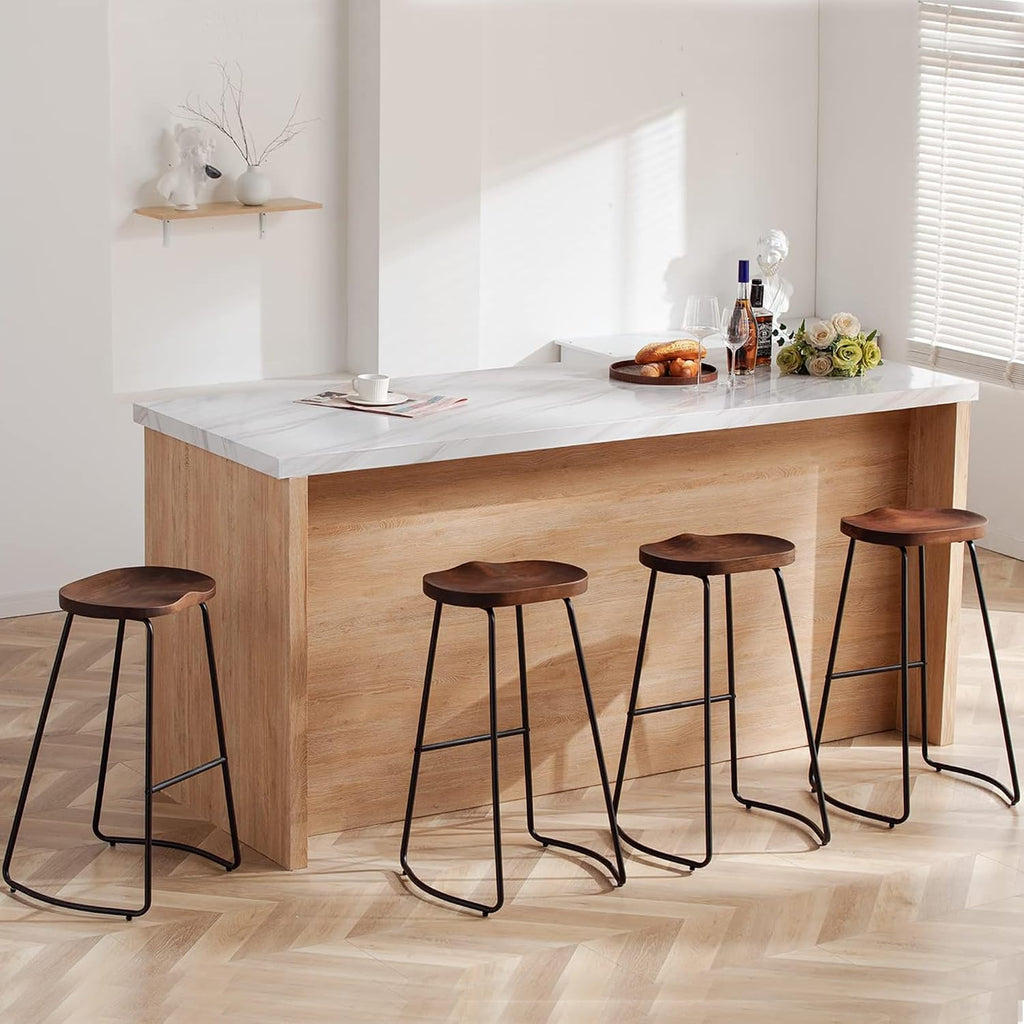 30" Walnut Saddle Seat Metal Leg Bar Stools Set of 4